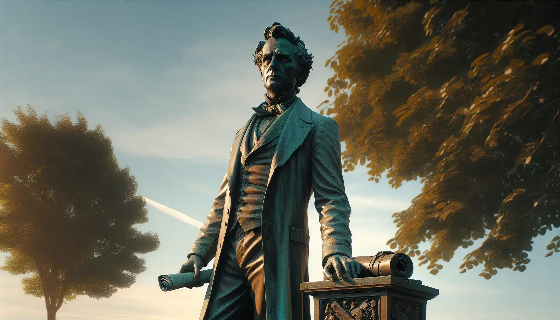 Estatua de bronce de hombre del siglo XIX con traje, sosteniendo un documento y apoyado en un libro sobre mesa, bajo cielo despejado.