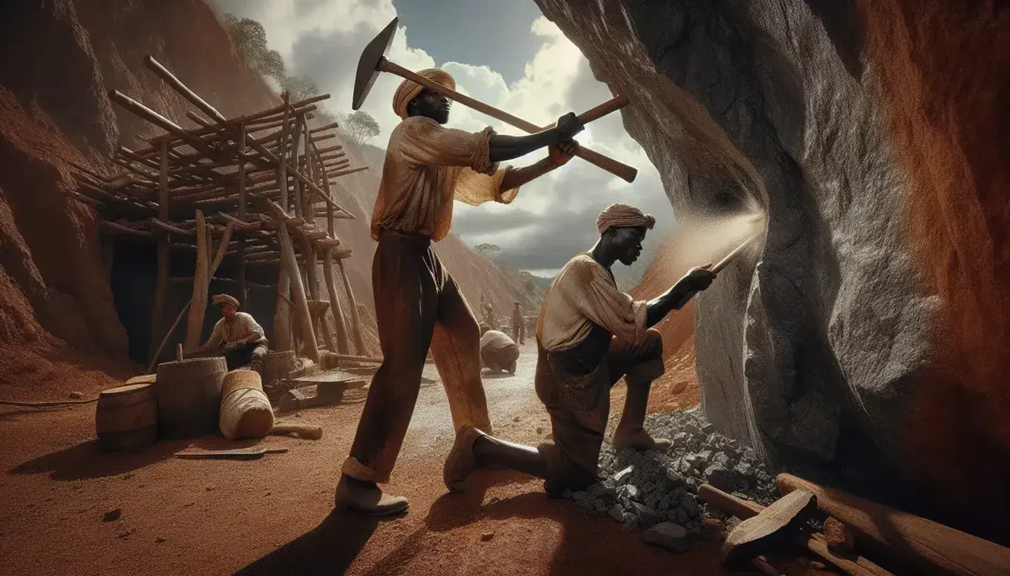 Trabajadores en una mina colonial golpeando rocas con martillo y cincel, junto a carreta de madera y estructura de soporte en túnel.