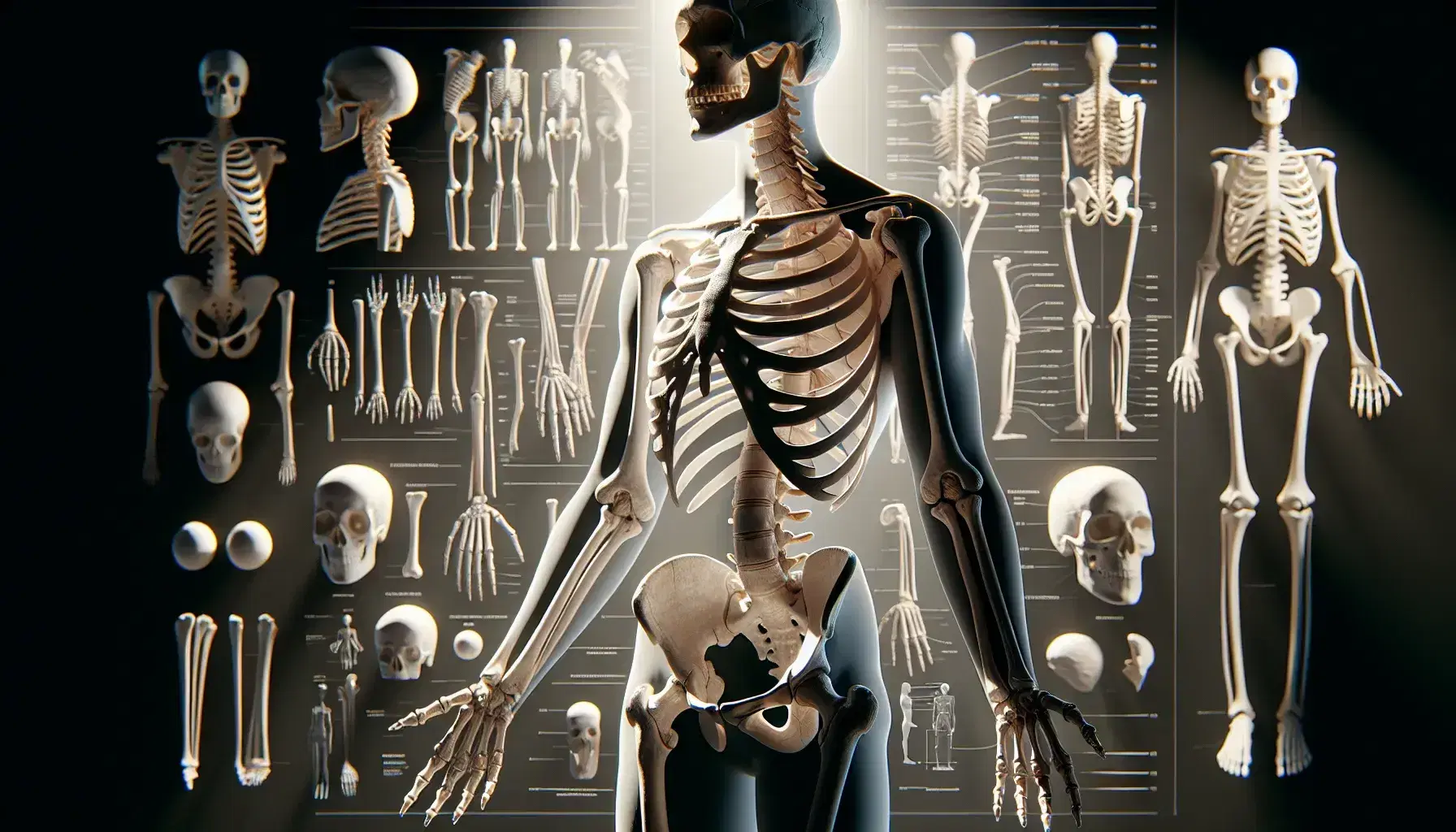 Scheletri umani esposti per studiare anatomia, con enfasi su scapola, gomito, colonna vertebrale e ossa degli arti.