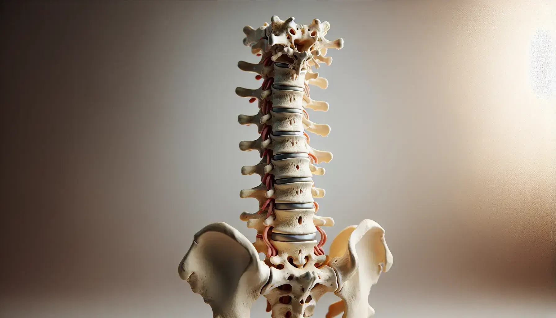 Modello anatomico tridimensionale dettagliato della colonna vertebrale umana con vertebre, dischi intervertebrali e tessuti connettivi.