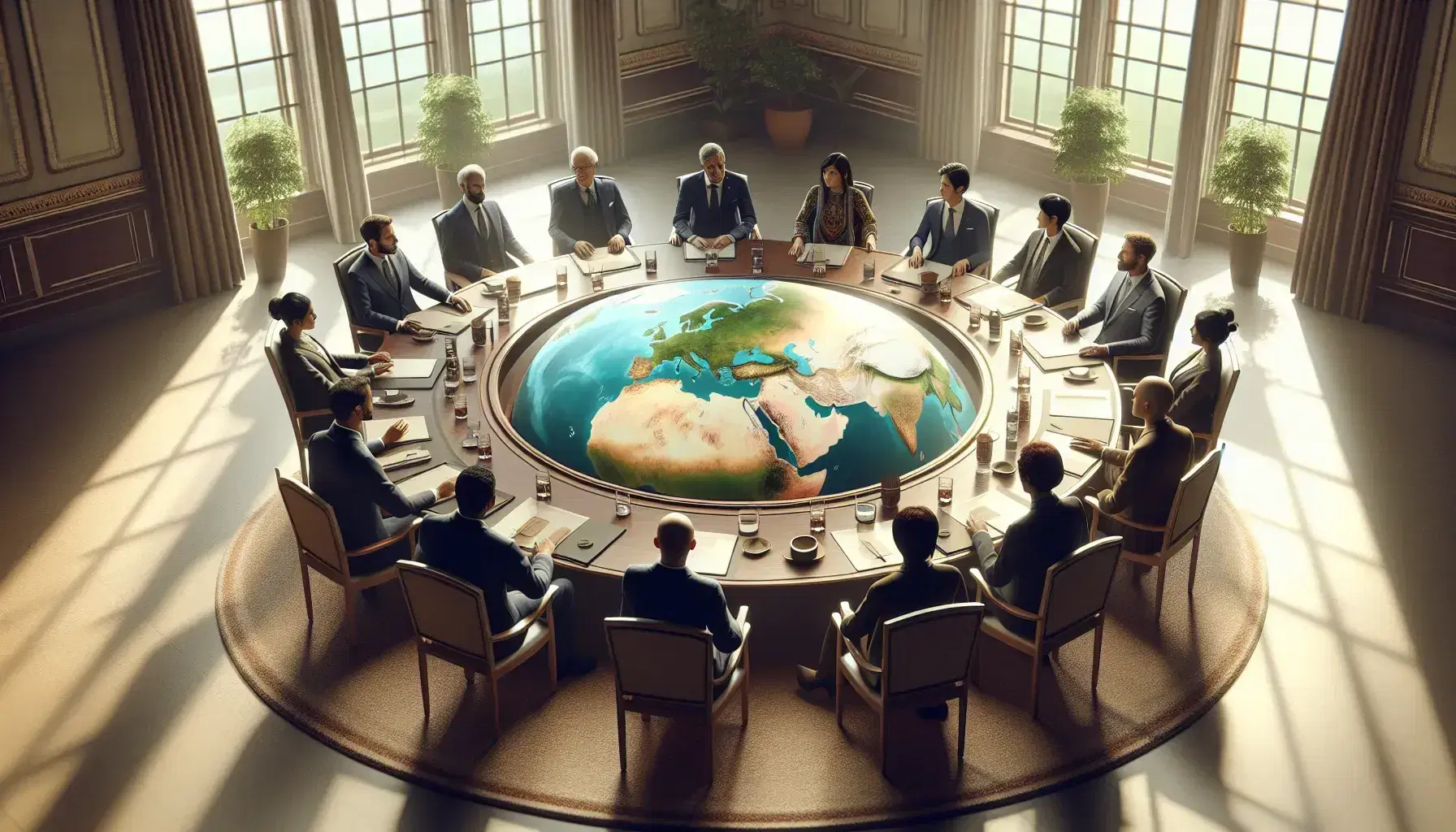 Diverse group of professionals in traditional and business attire engaged in a serious discussion around a table with a central globe, in a well-lit room with plants.
