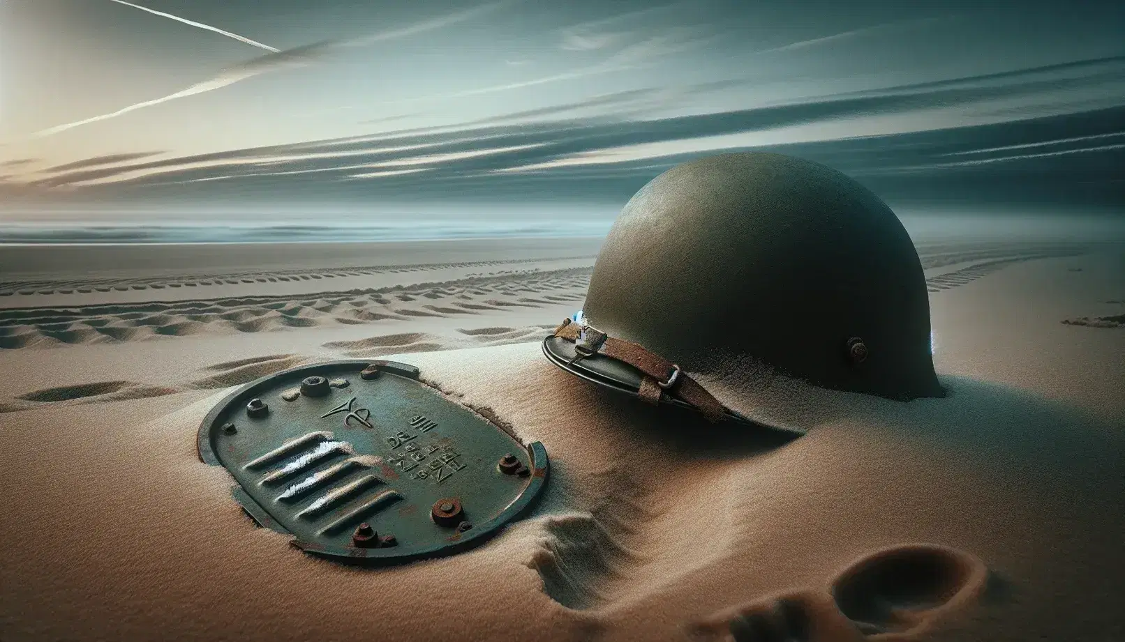 Spiaggia sabbiosa con tracce di pneumatici e impronte, elmetto militare vintage e lamiera arrugginita in primo piano, nave da guerra in lontananza.