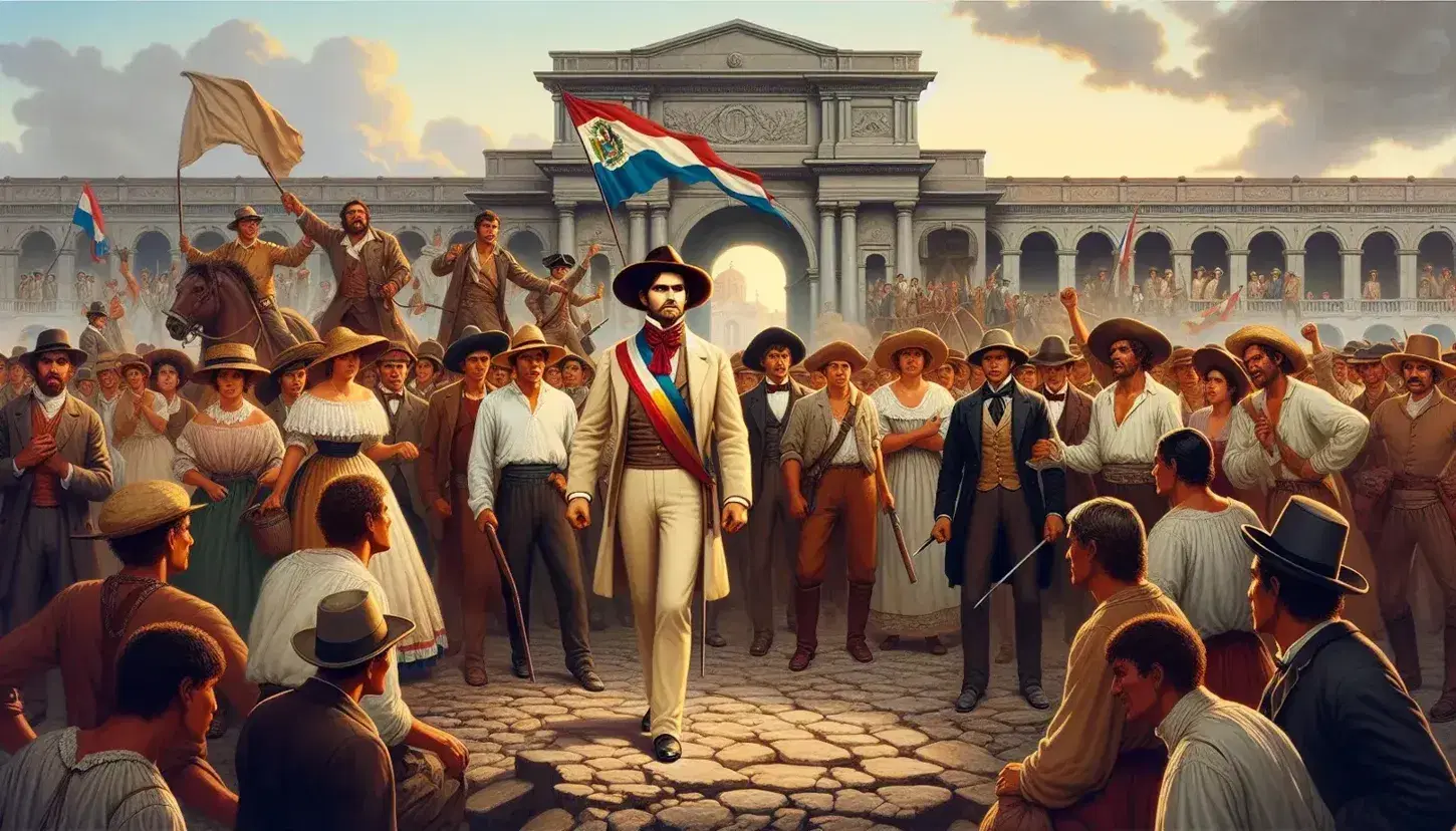 Grupo de figuras en atuendos coloniales del siglo XIX con líder sosteniendo bandera tricolor frente a edificio histórico al atardecer.