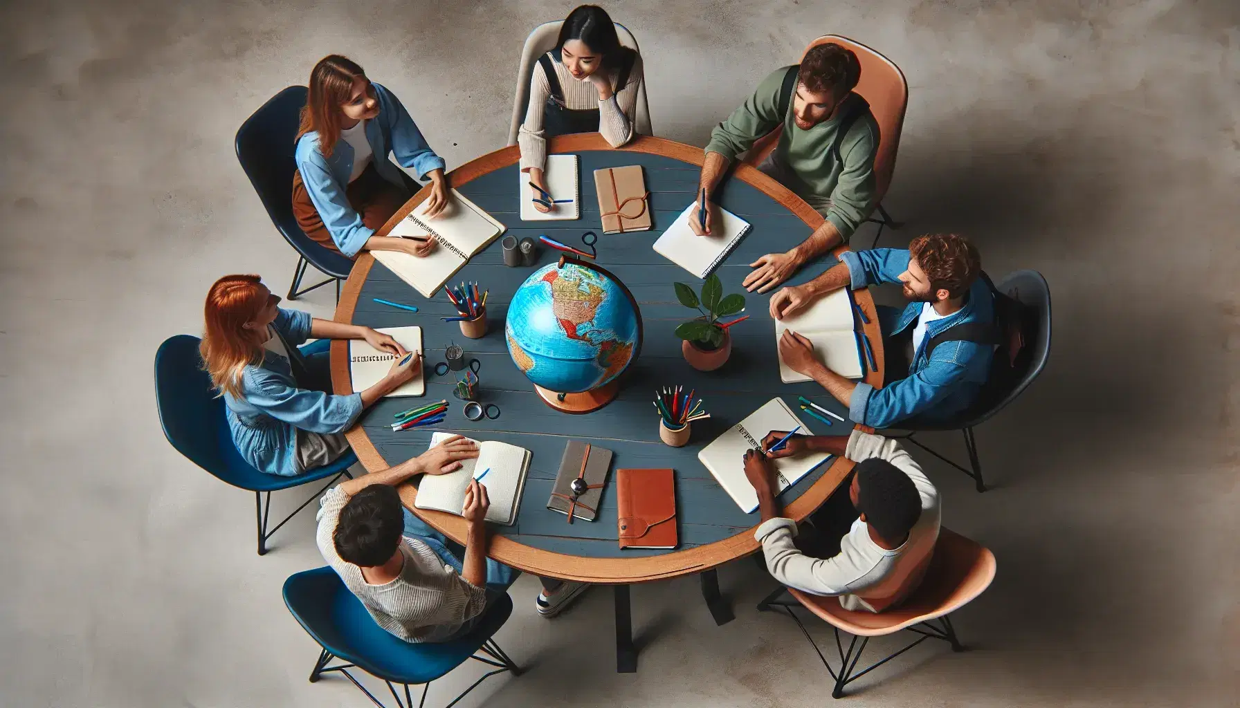 Grupo de cinco personas en reunión de trabajo alrededor de una mesa redonda con cuadernos y bolígrafos, un globo terráqueo y una planta, en un ambiente iluminado y neutro.