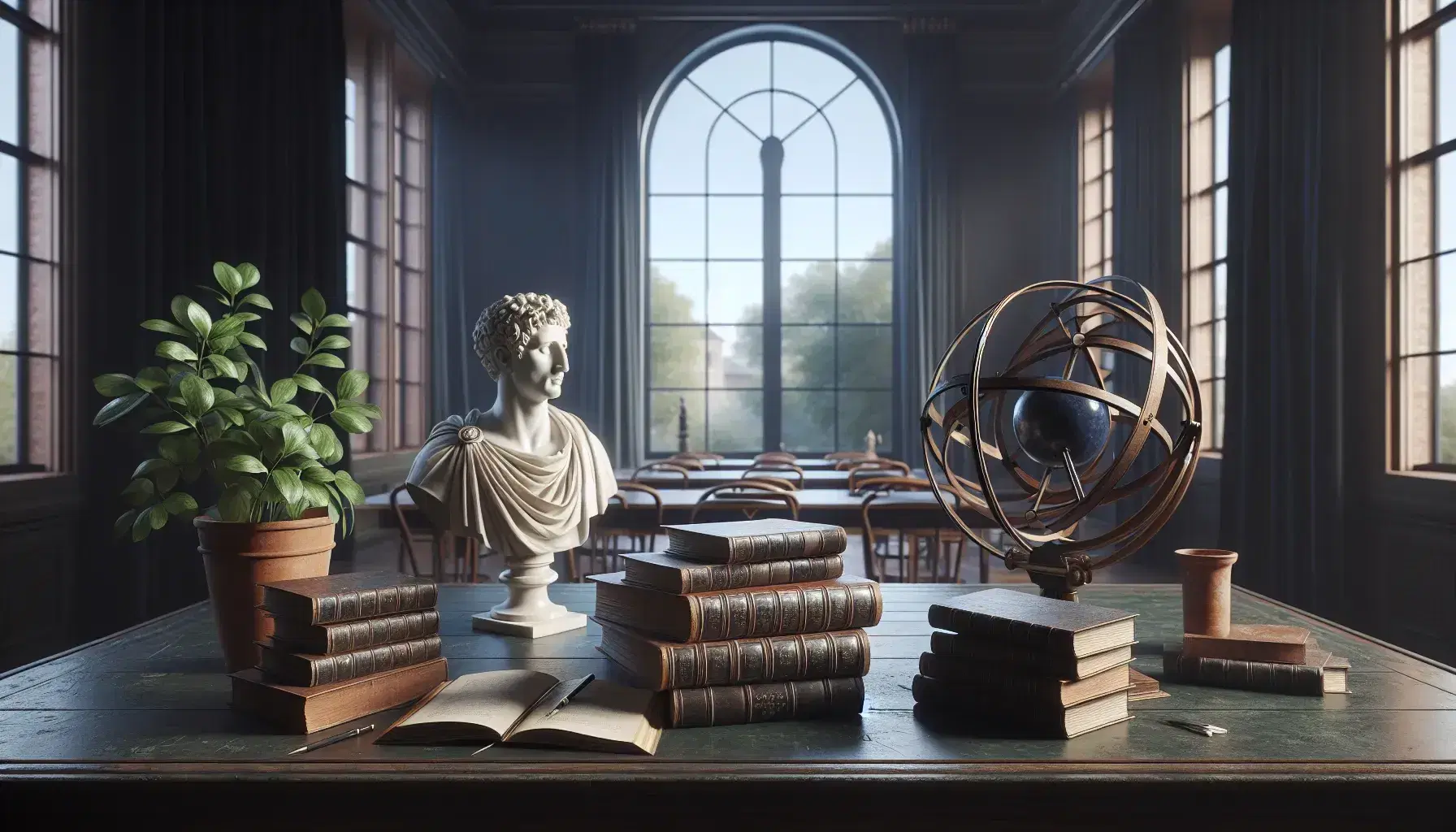 Tavolo in legno scuro con libri antichi in pelle, sfera armillare, busto marmoreo di filosofo romano, pianta in vaso e finestra aperta.
