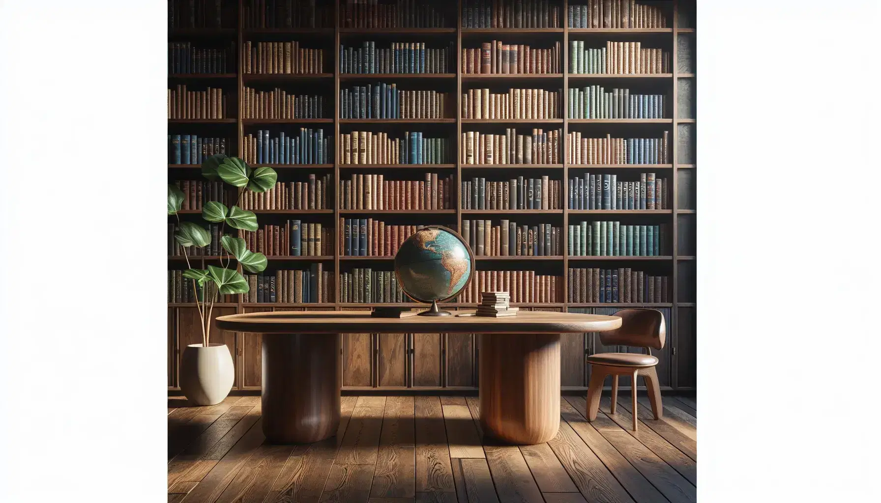 Biblioteca con estanterías de madera oscura llenas de libros variados, mesa con globo terráqueo y planta, iluminada por ventana grande.