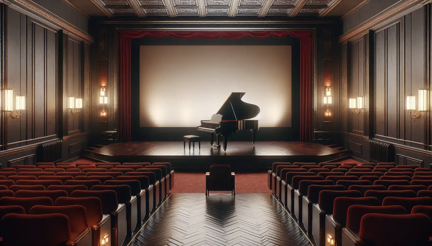 Sala cinema d'epoca con schermo spento, palco in legno, pianoforte a coda nero, sedie in velluto rosso e proiettore vintage.