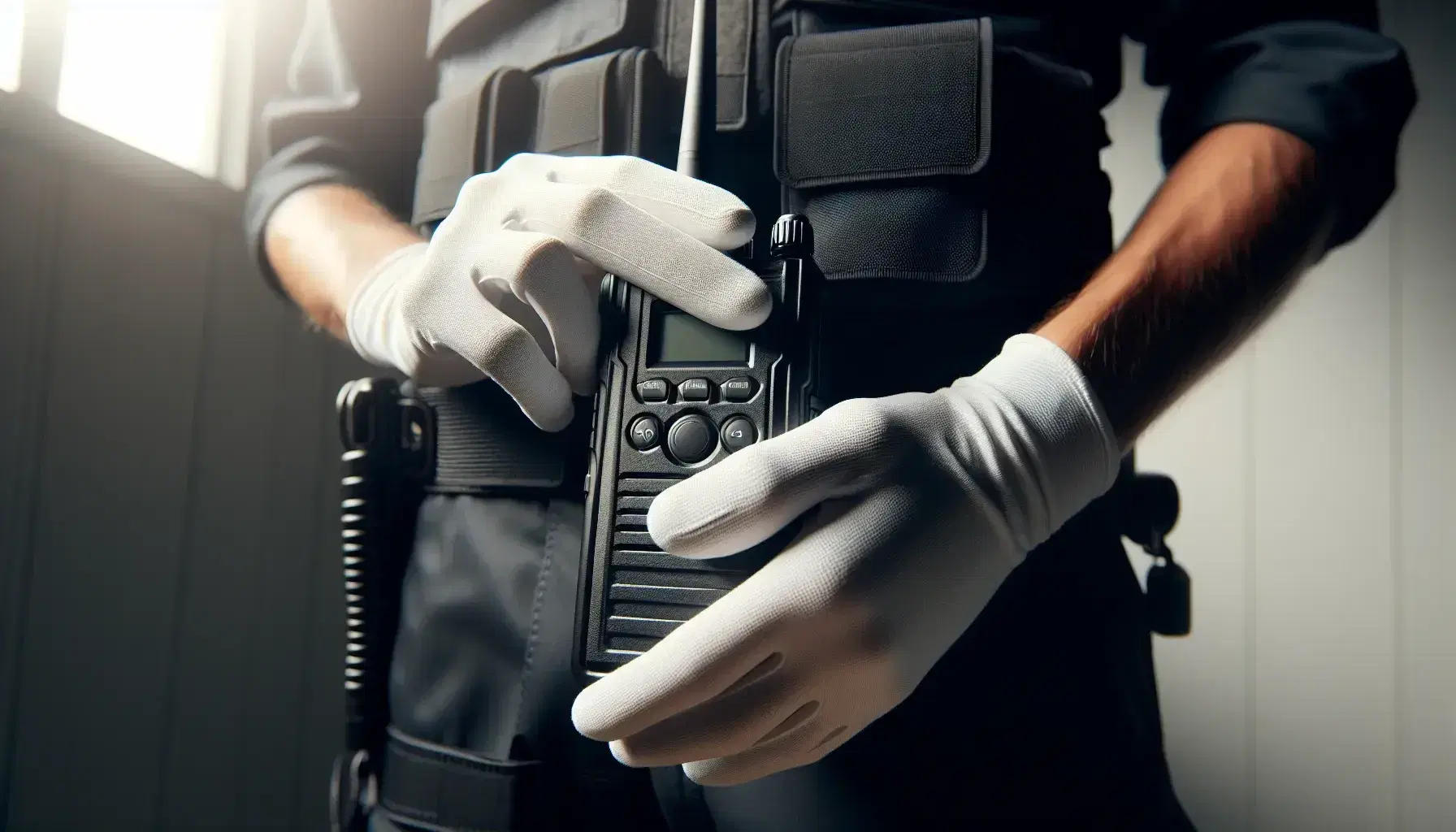 Manos con guantes blancos ajustando un radio transmisor portátil negro con antena larga, sobre fondo desenfocado con uniforme oscuro.
