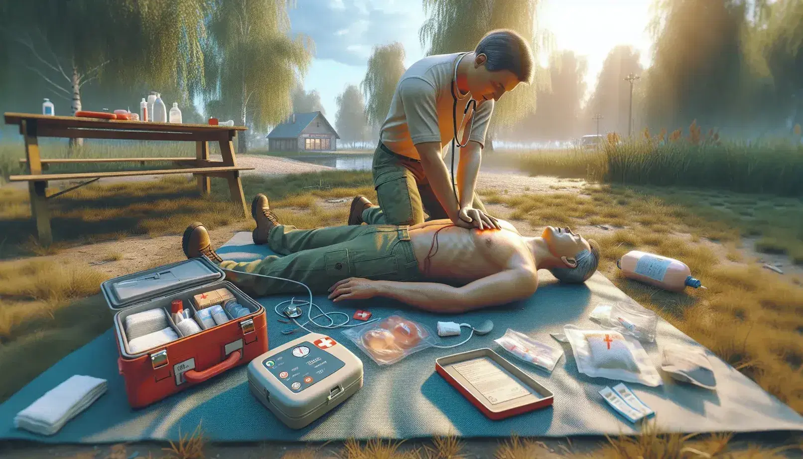 Soccorritore esegue compressioni toraciche per RCP su persona inanimata in parco, con defibrillatore e kit di primo soccorso aperto accanto.
