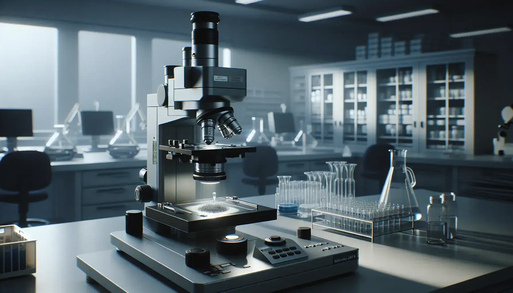 Microscopio elettronico a trasmissione grigio con dettagli neri, vetrino e campione biologico, in laboratorio scientifico sfocato con attrezzature da laboratorio.
