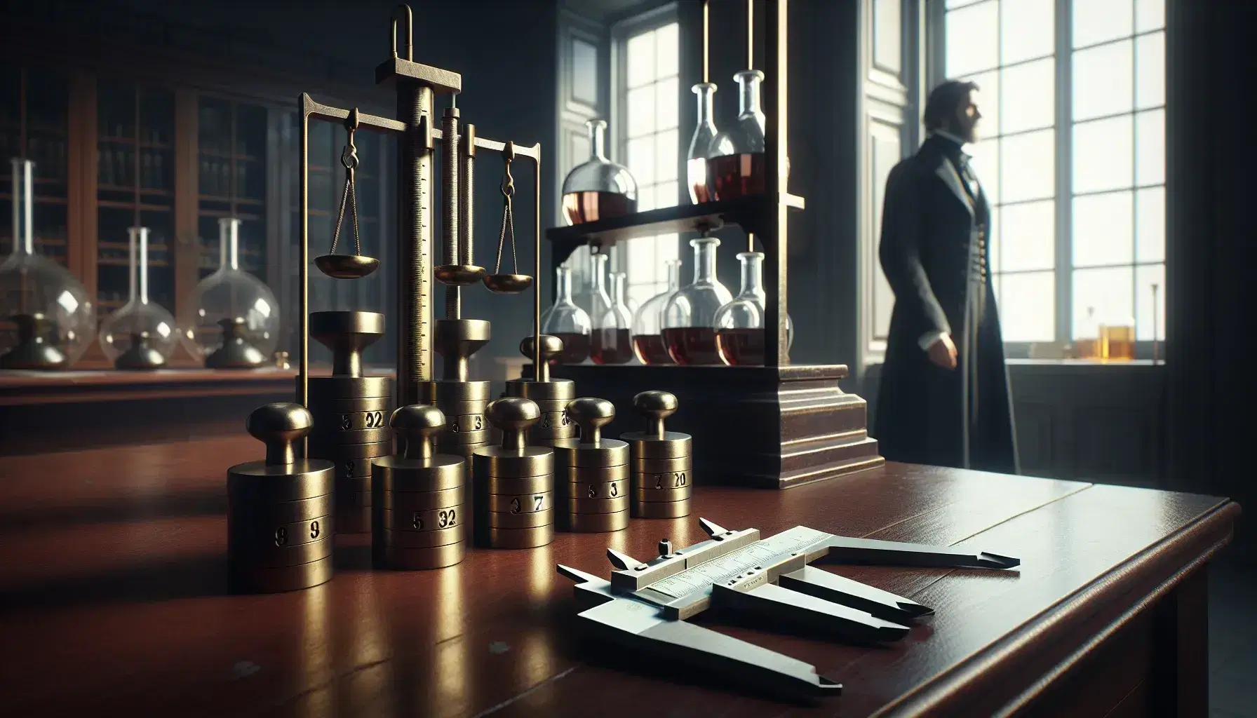 Classic 19th century laboratory with wooden table and brass weights, metal calipers, blurry figure in lab coat and shelves with glass flasks.