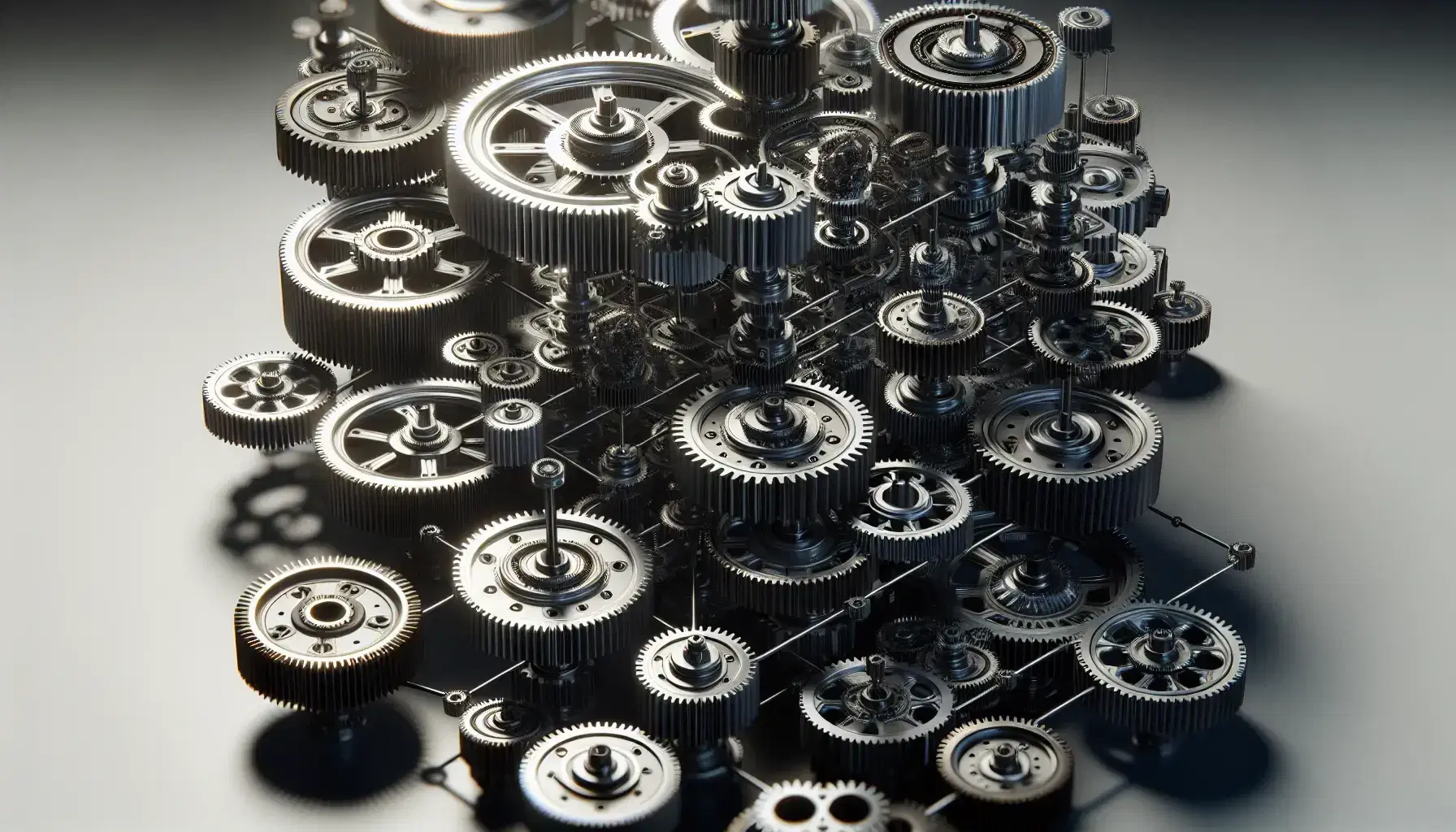 Ingranaggi meccanici metallici interconnessi di varie dimensioni su piano orizzontale con luci e ombre che ne evidenziano la tridimensionalità.