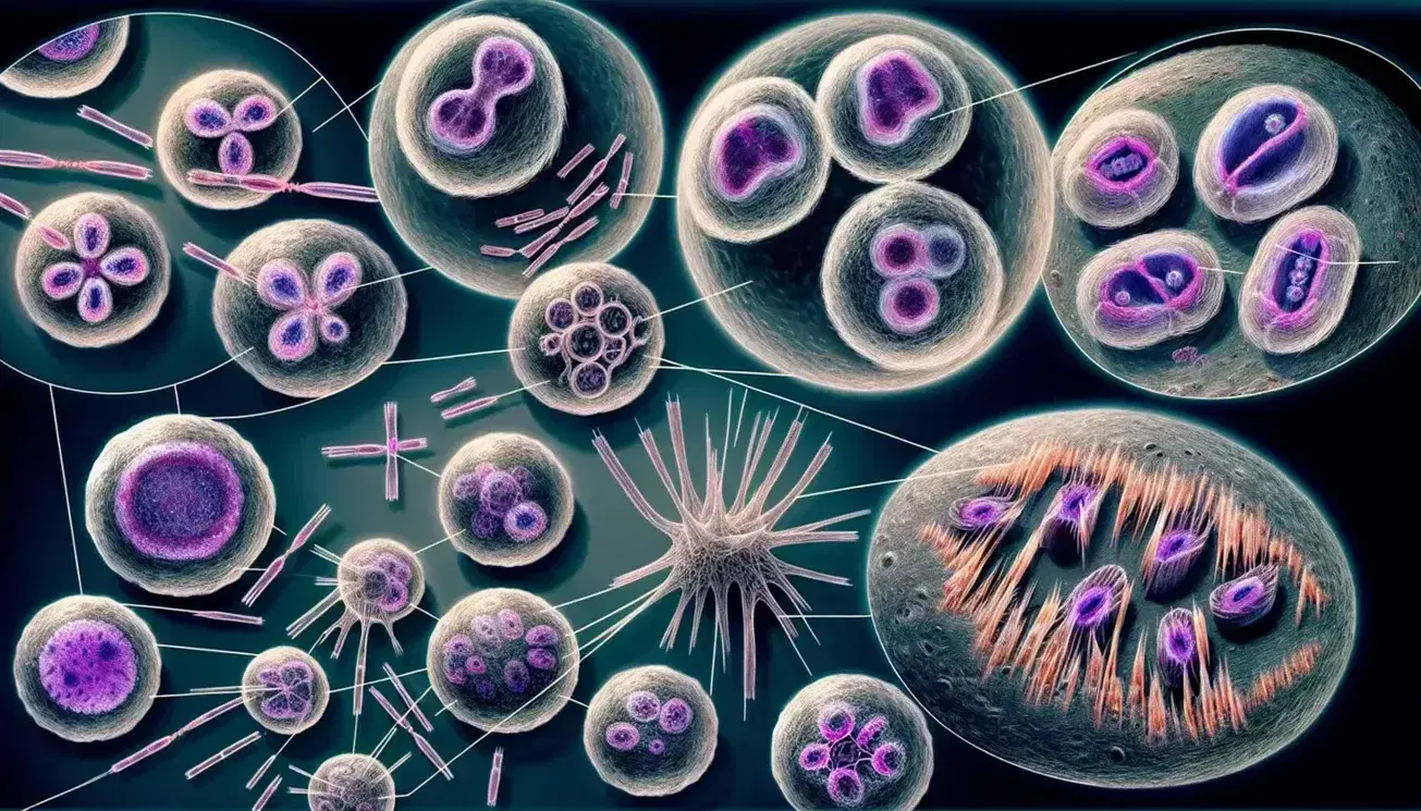 Cellule in varie fasi della mitosi al microscopio, con cromosomi visibili durante prophase, metaphase, anaphase e telophase.