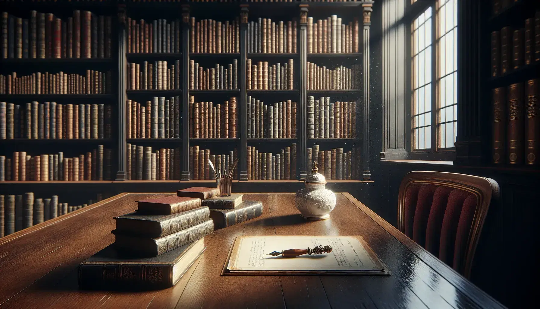 Biblioteca clásica con estanterías de madera oscura llenas de libros, mesa con tintero de porcelana y papel en blanco, ventana abierta y silla con cojín rojo.