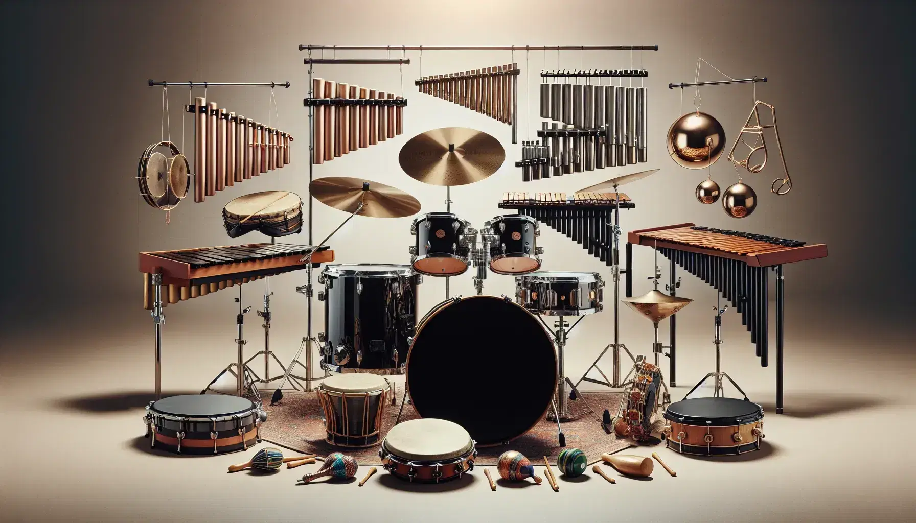Set di percussioni con batteria nera, cimbali, xylofono, vibrafono, tamburello, maracas verdi, triangolo e bongos su sfondo neutro.