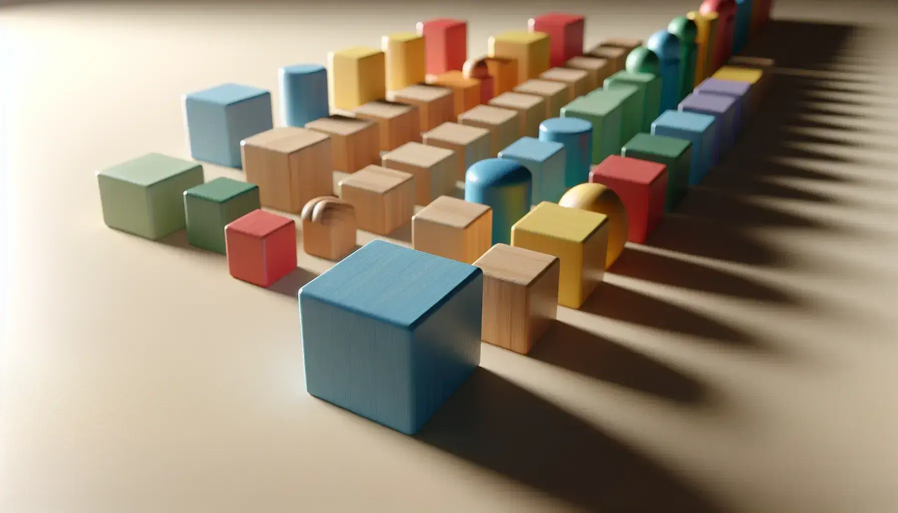 Bloques de madera de colores y formas geométricas en superficie lisa con sombras suaves, destacando figuras de azul, rojo y amarillo en primer plano.