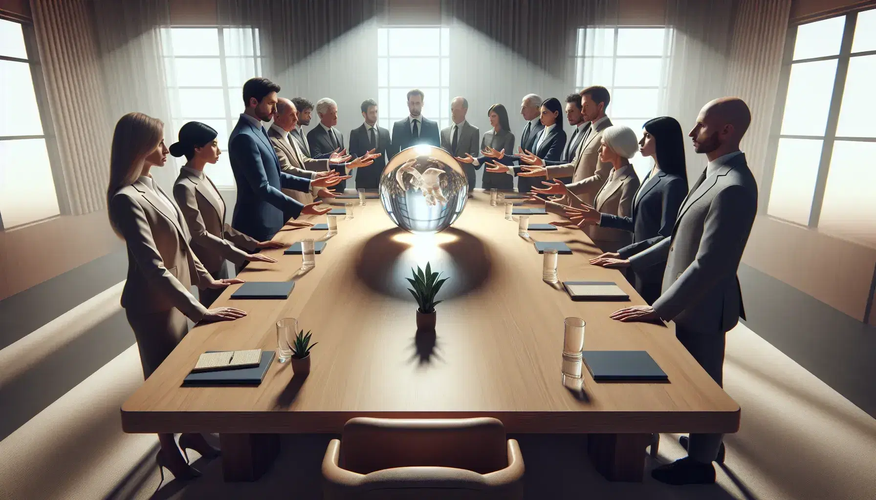 Grupo diverso de profesionales en trajes de oficina alrededor de una mesa de conferencia con una esfera de cristal en el centro, gestos de comunicación, iluminación suave y planta de interior.