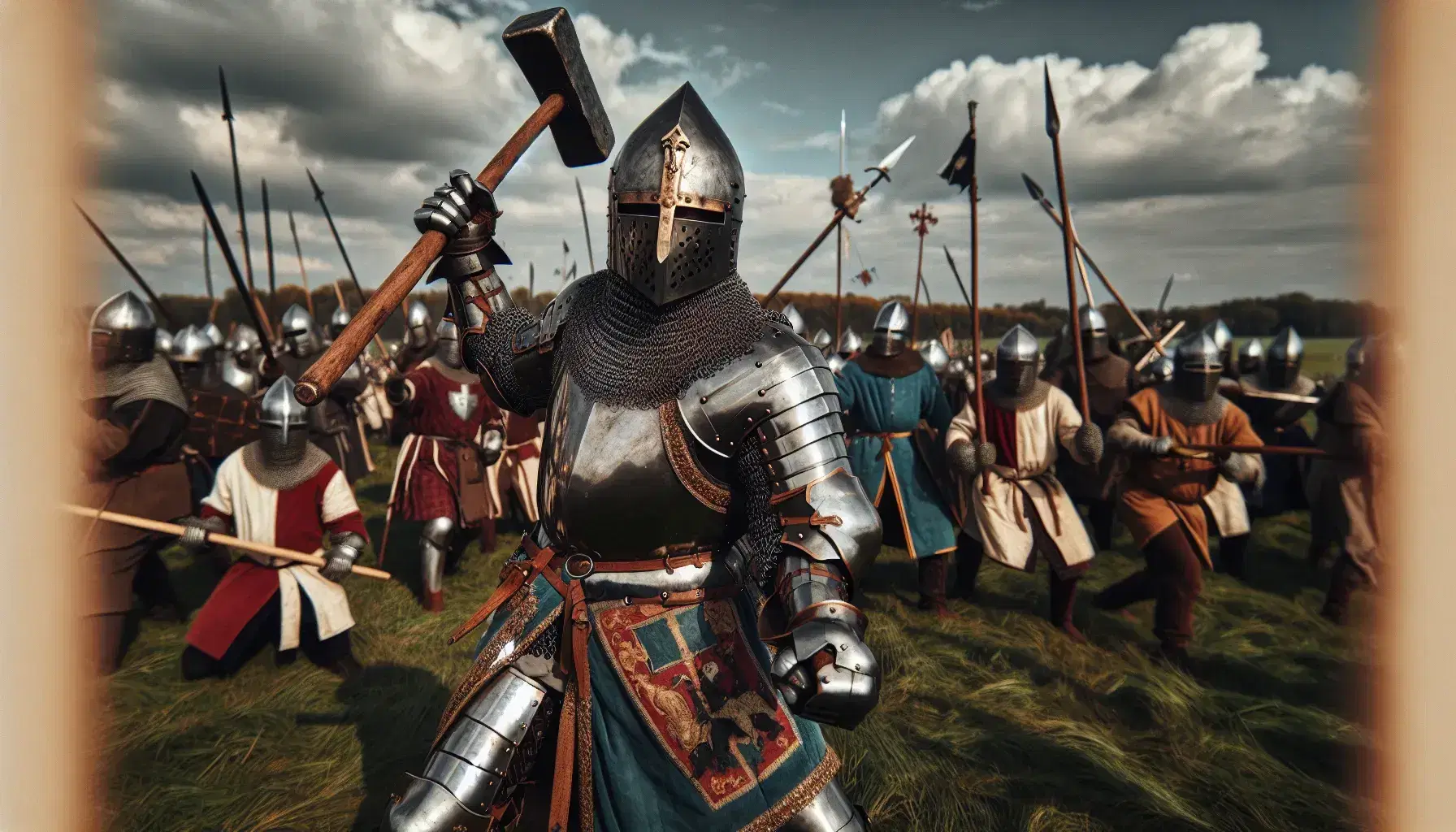 Rievocazione storica della Battaglia di Poitiers con uomo in armatura medievale e martello da guerra, circondato da combattenti in costumi d'epoca.