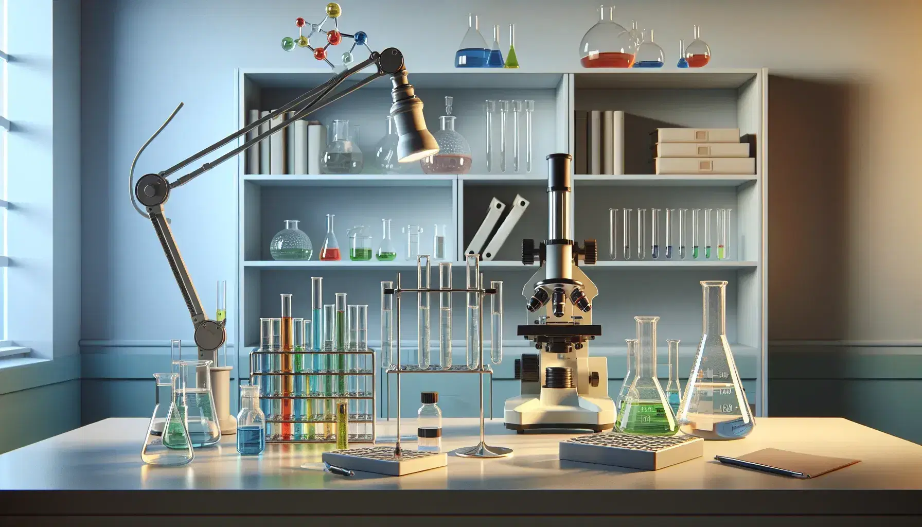 Laboratorio científico con tubos de ensayo de colores en soporte metálico, matraz de Erlenmeyer y microscopio, sobre mesa de trabajo iluminada y estantería con instrumentos al fondo.
