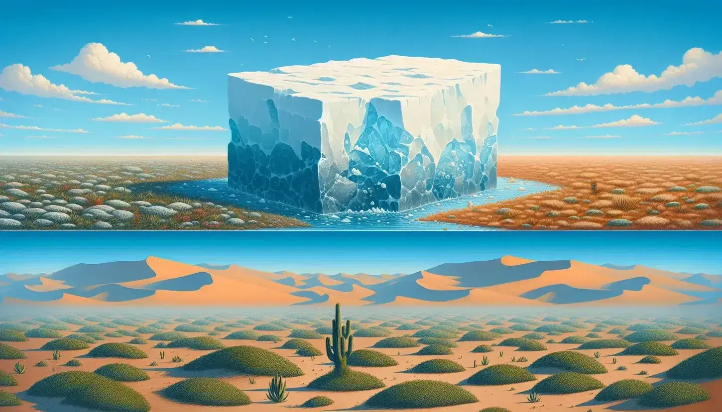 Paesaggio diviso in tundra con ghiaccio in fusione e deserto sabbioso con cactus, rappresentazione degli effetti del cambiamento climatico.