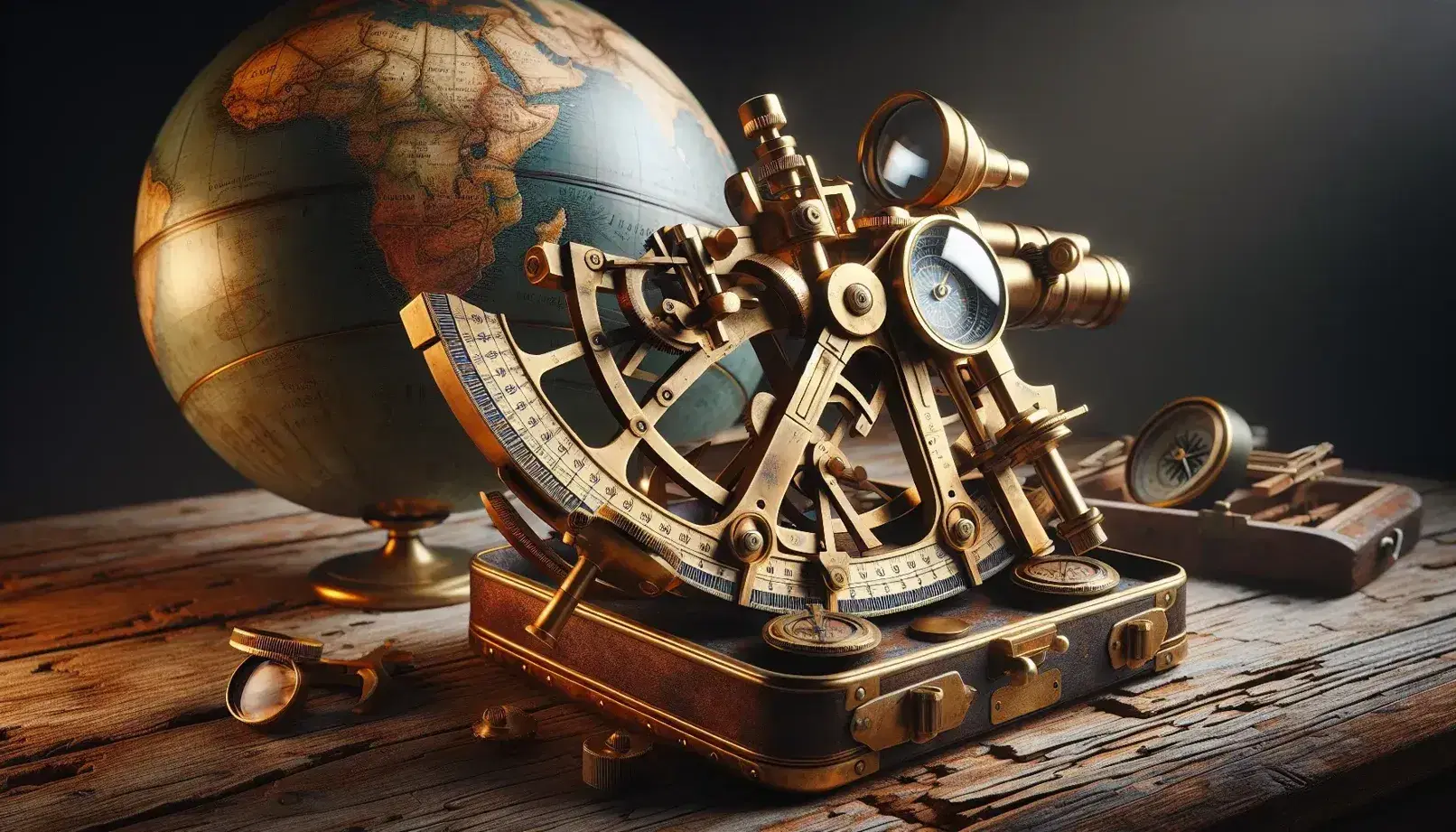 Antique brass sextant on a weathered wooden table with an open compass and a blurred globe in the background, evoking maritime navigation history.