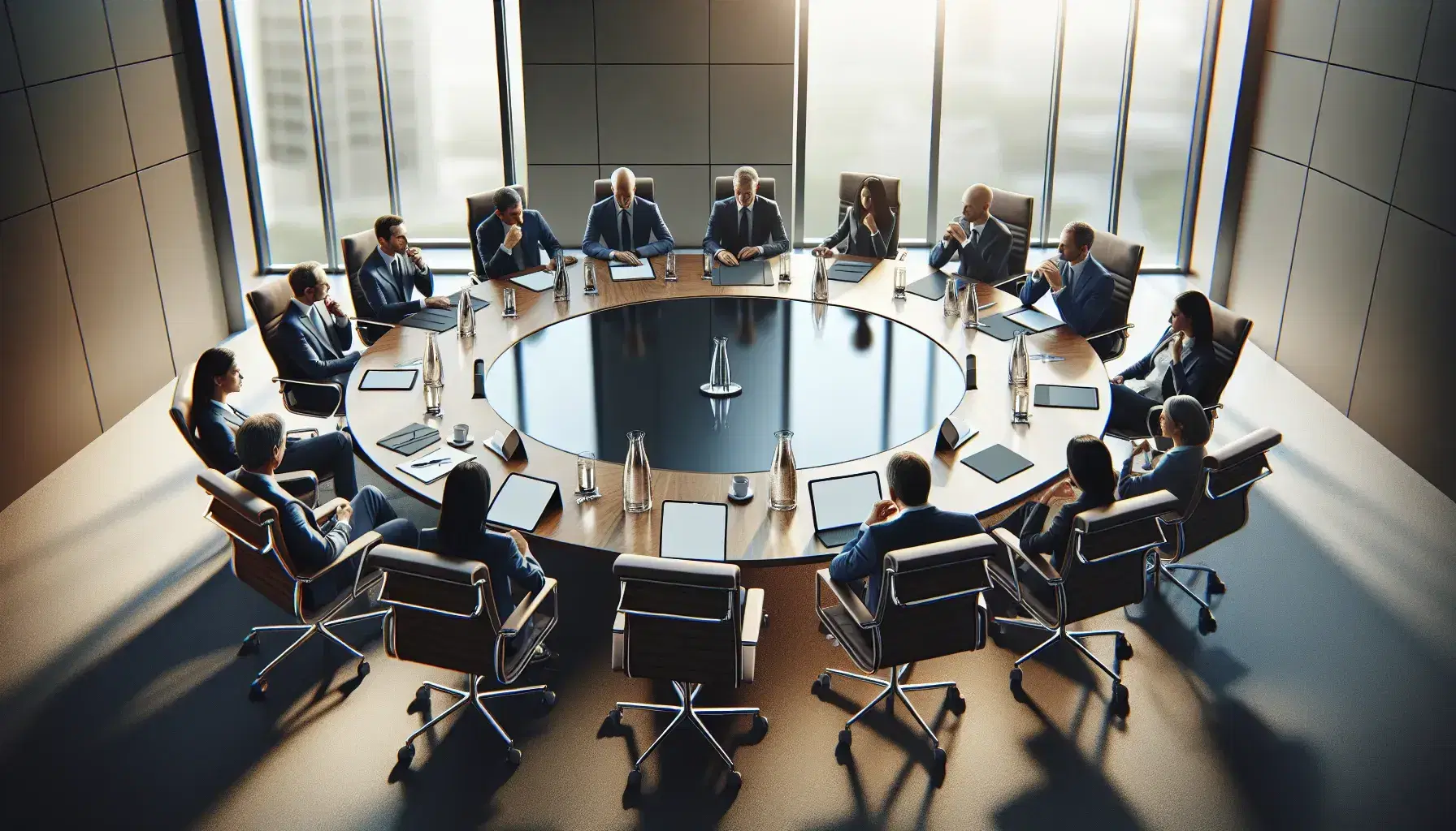 Diverse group of professionals engaged in a meeting around a large circular table in a modern conference room with city views.