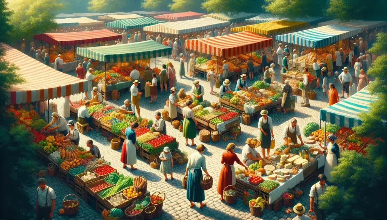 Mercato all'aperto con bancarelle colorate e venditori di frutta, verdura, formaggi e pane, clienti che fanno acquisti in una giornata soleggiata.