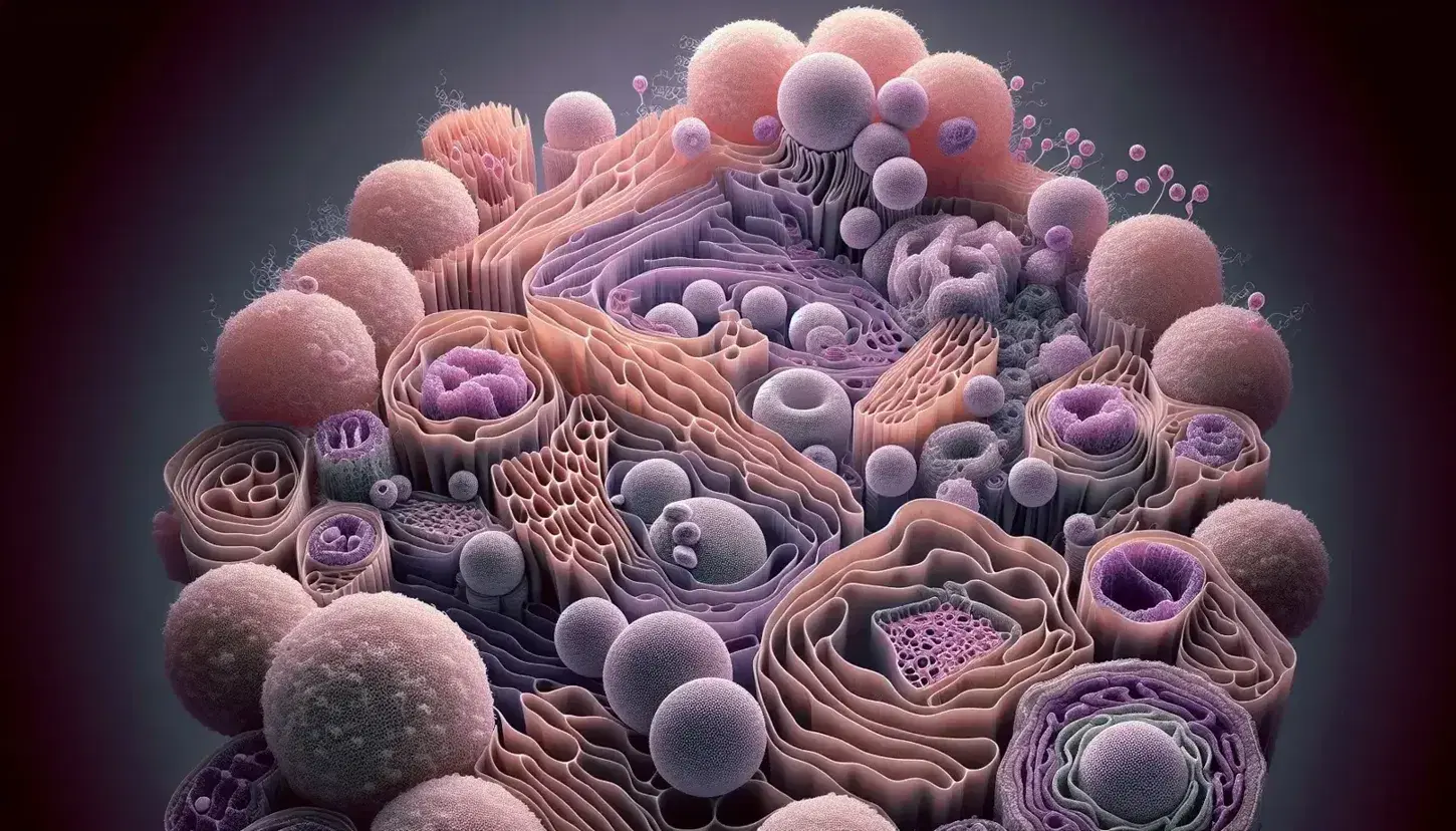 Vista microscópica de células eucariotas con retículo endoplásmico, aparato de Golgi y posibles lisosomas en tonos rosas y púrpuras sobre fondo azul oscuro.
