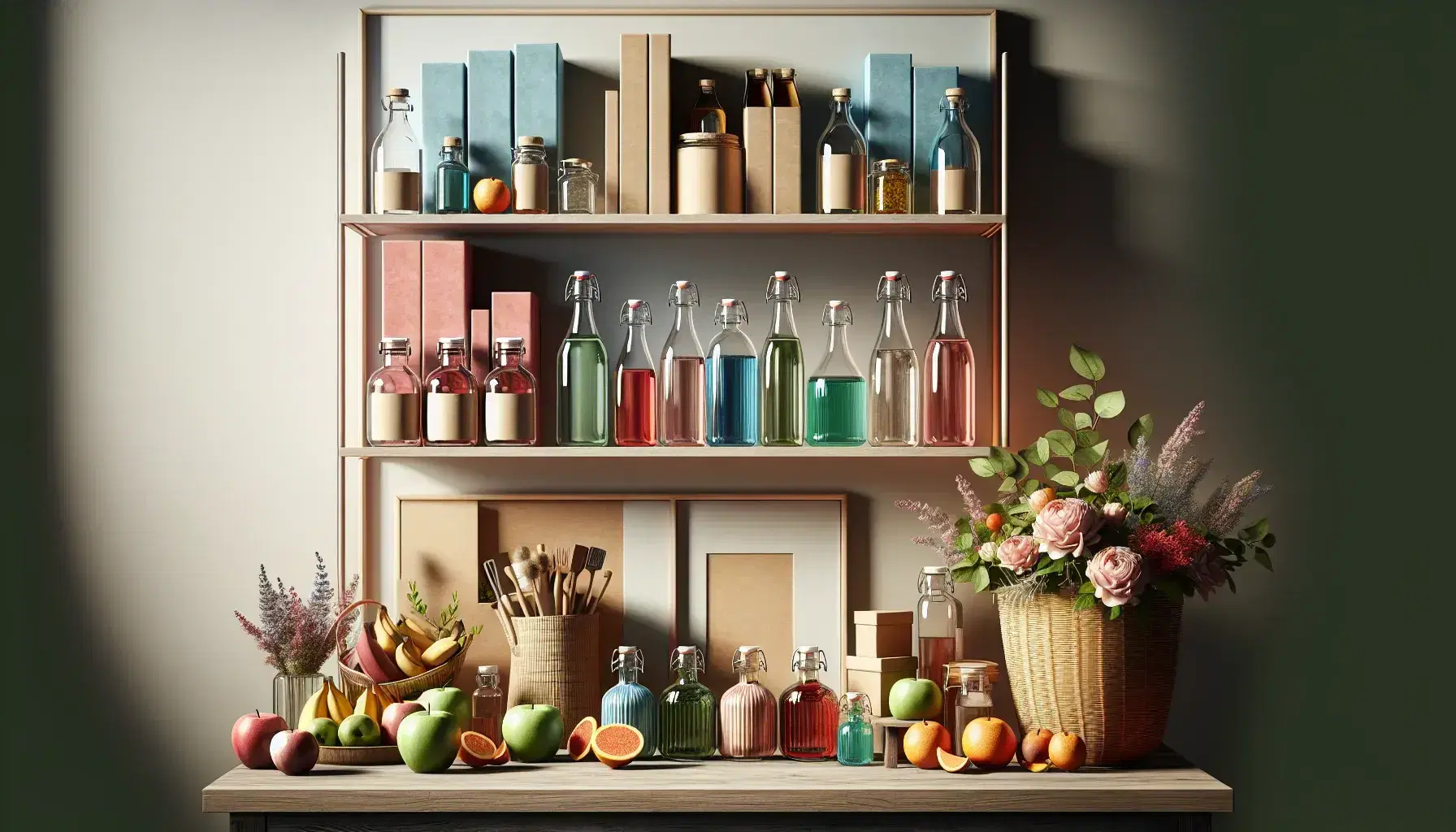 Estante de madera clara con botellas de líquidos coloridos, cajas de cartón y tarros cerámicos, junto a mesa con frutas y flores, y fotos en blanco y negro en la pared.