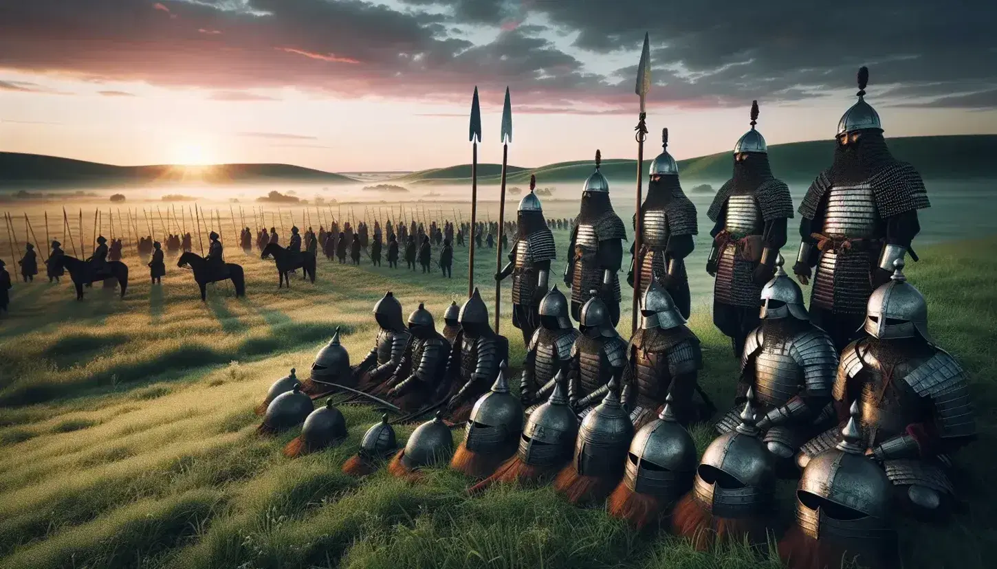 Campo de batalla antiguo al amanecer con armaduras de guerreros orientales y lanzas en primer plano, siluetas de soldados y colinas al fondo bajo un cielo matutino.