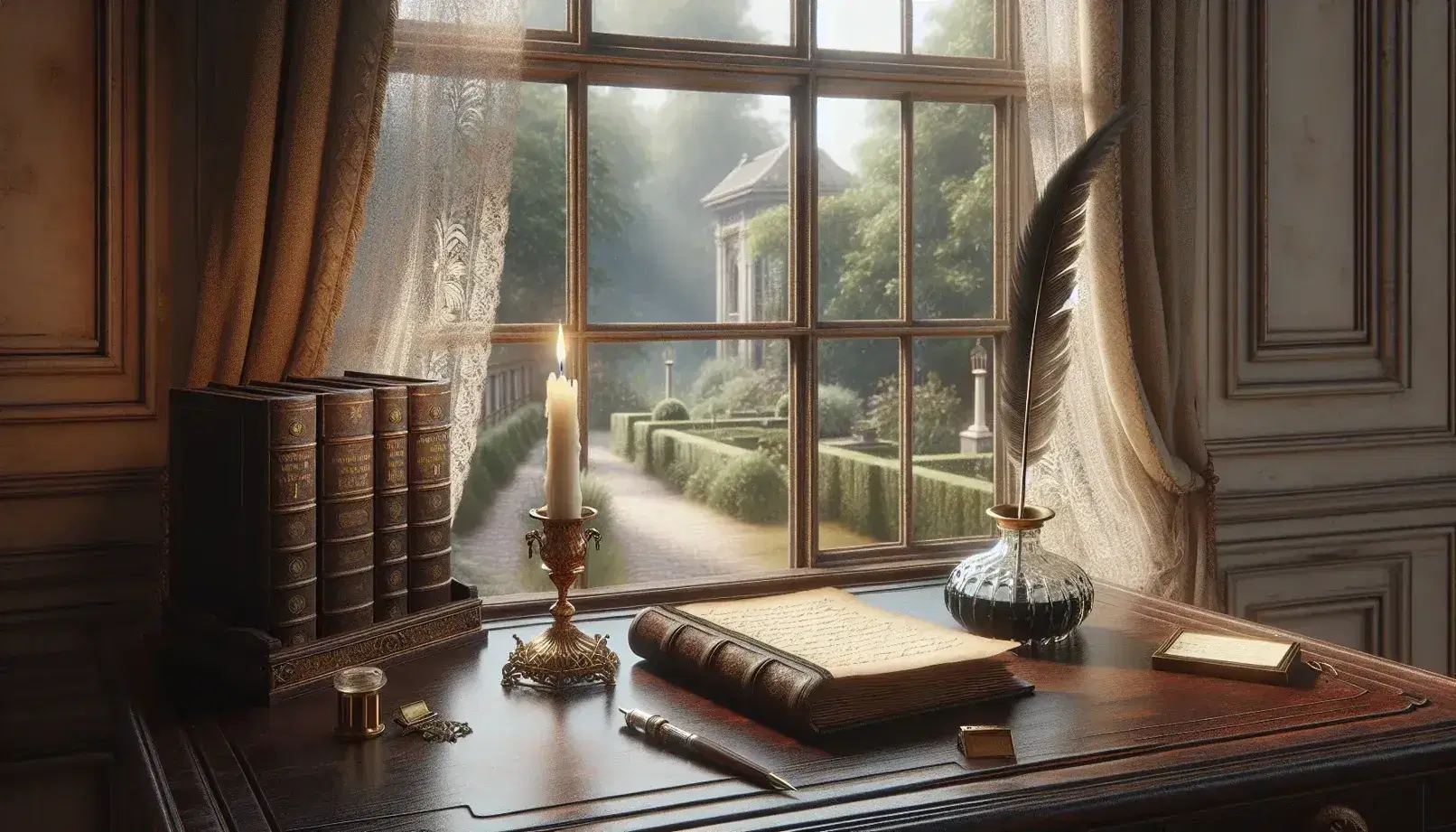 Vintage wooden desk with open leather-bound book, quill pen, inkwell, and lit candle, against a cream wall, beside a window overlooking a garden.