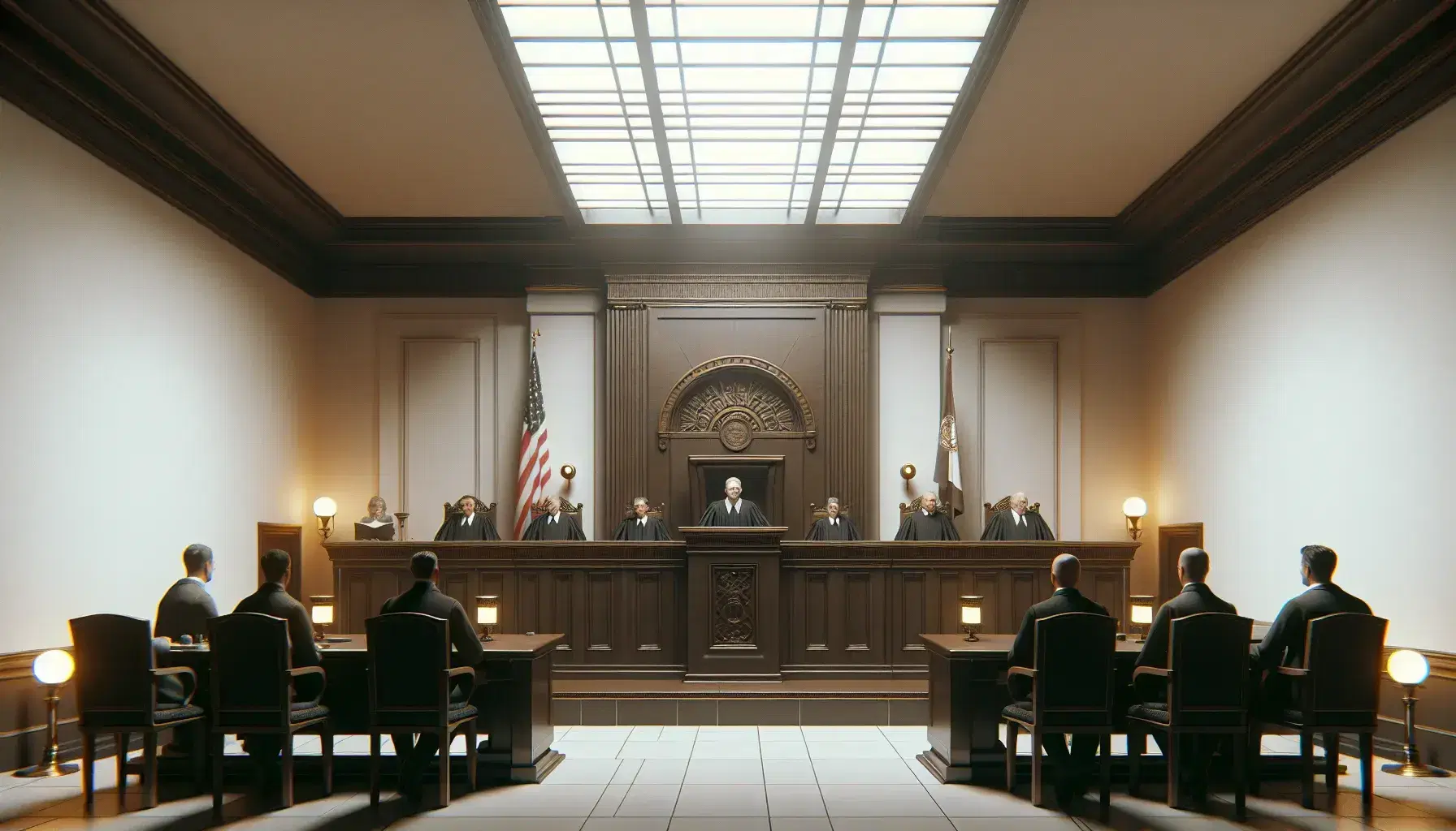 Sala de tribunal con juez en toga negra sentado tras mesa elevada, abogados en traje y posible acusado con camisa clara, bandera al fondo y suelo de baldosas brillantes.