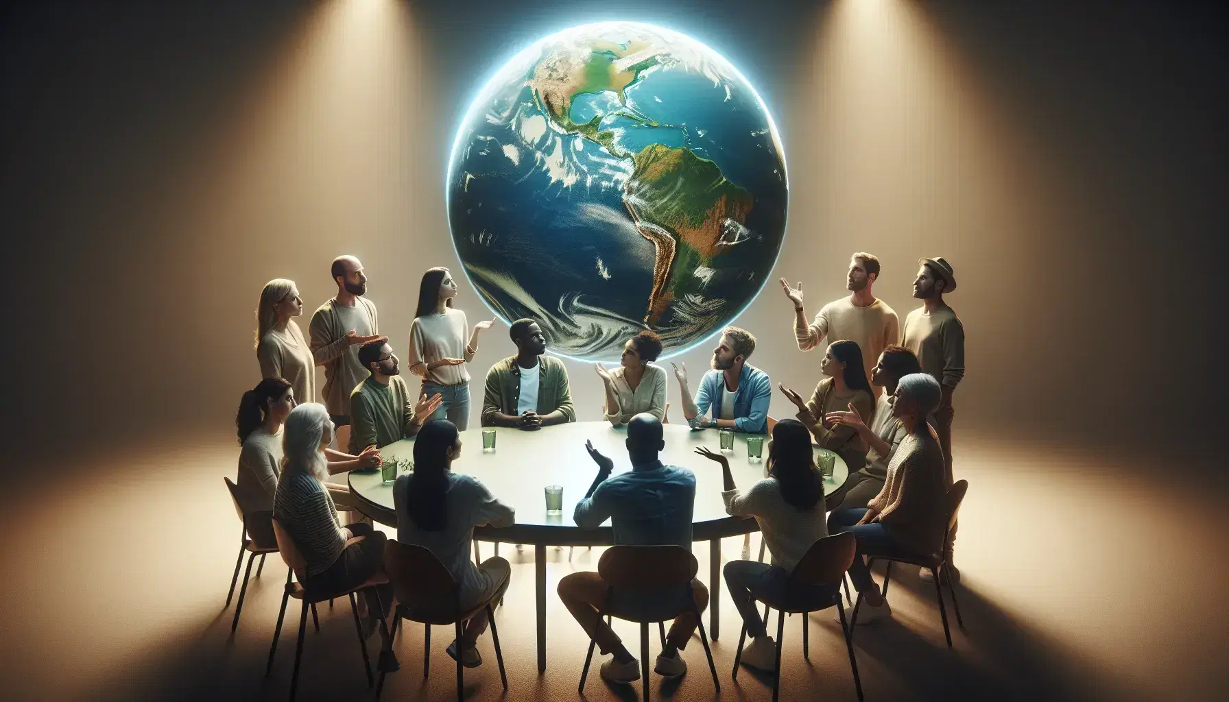 Grupo diverso de personas en discusión alrededor de una mesa con un globo terráqueo, destacando la colaboración y el intercambio de ideas.