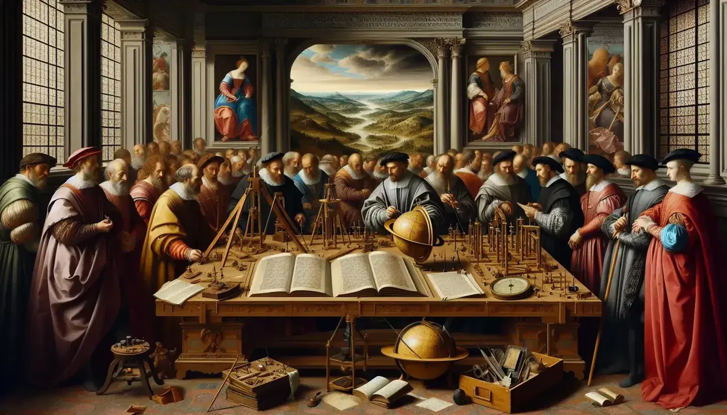Renaissance scene with scholars around a table with a book, astrolabe, and globe, a painter by a canvas, and a window overlooking a domed building.