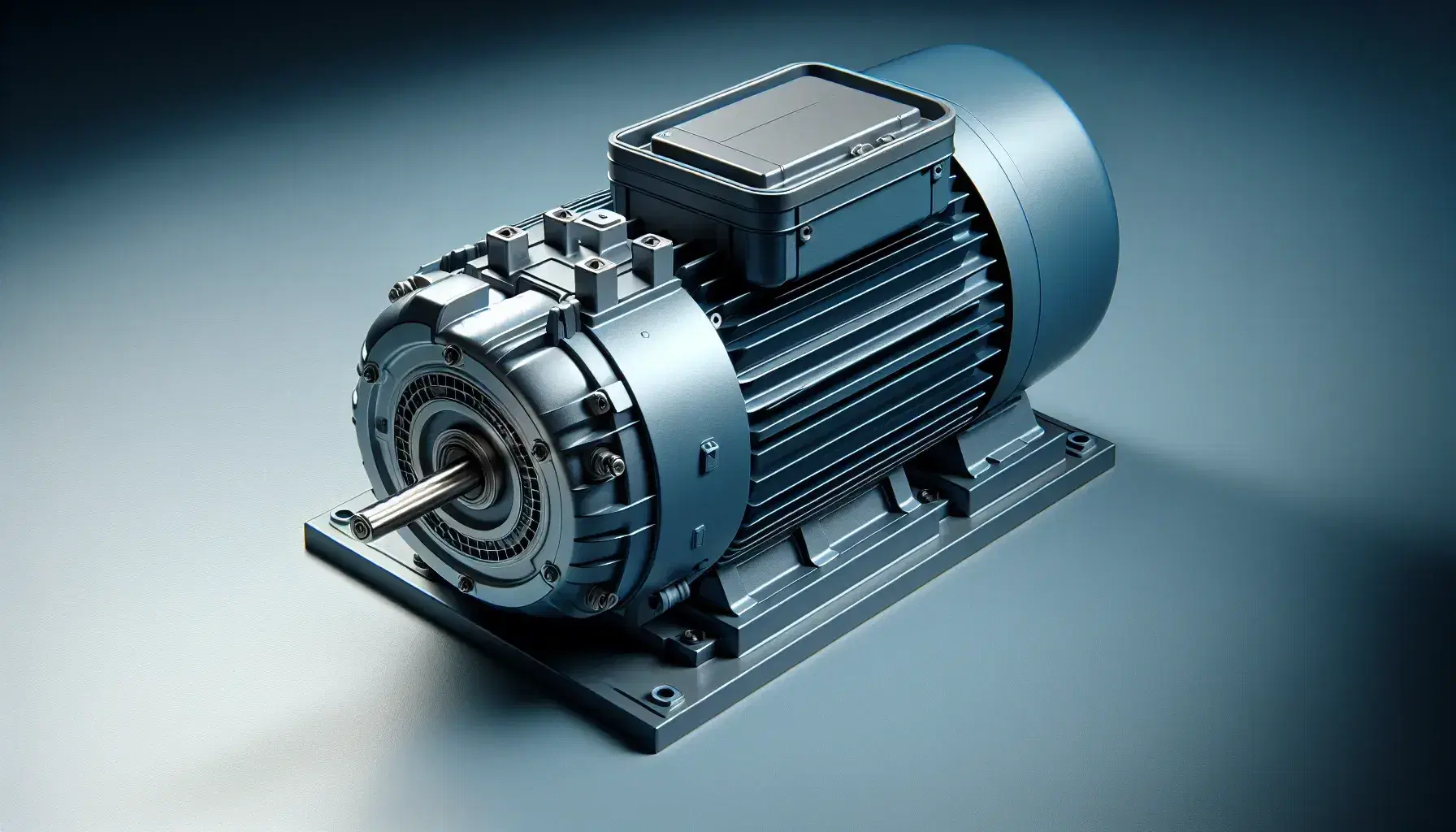 Motor de inducción trifásico de tamaño mediano con carcasa cilíndrica azul mate, placa frontal plateada y aletas de enfriamiento, sobre superficie plana.