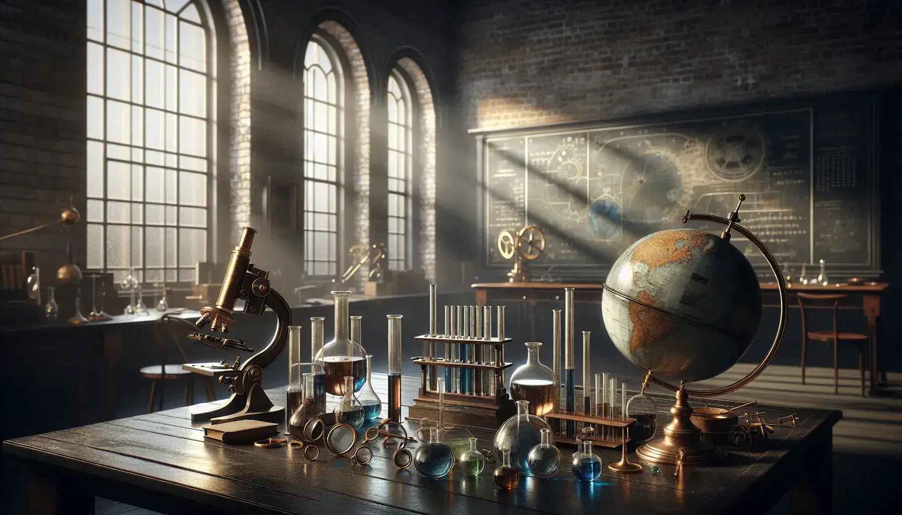 Laboratorio scientifico vintage con tavolo in legno, strumenti antichi, microscopio, globoterrestre e telescopio astronomico su treppiede.