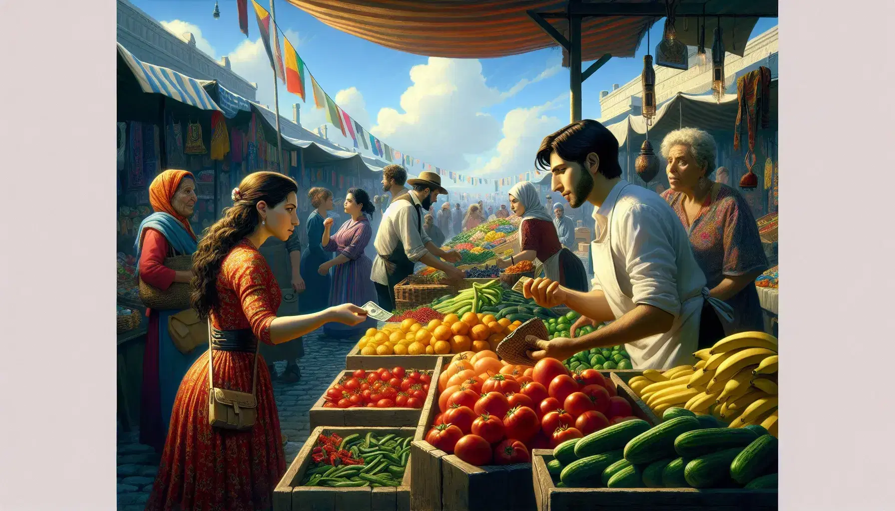 Outdoor market scene with diverse shoppers, a woman in a red dress buying fruit from a vendor, and a man examining produce under a clear blue sky.