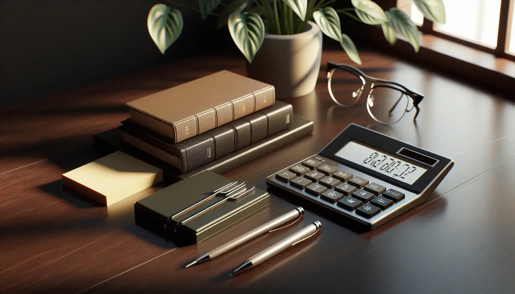 Escritorio de madera oscura con calculadora, libros apilados, gafas metálicas y notas adhesivas, iluminado por luz natural.
