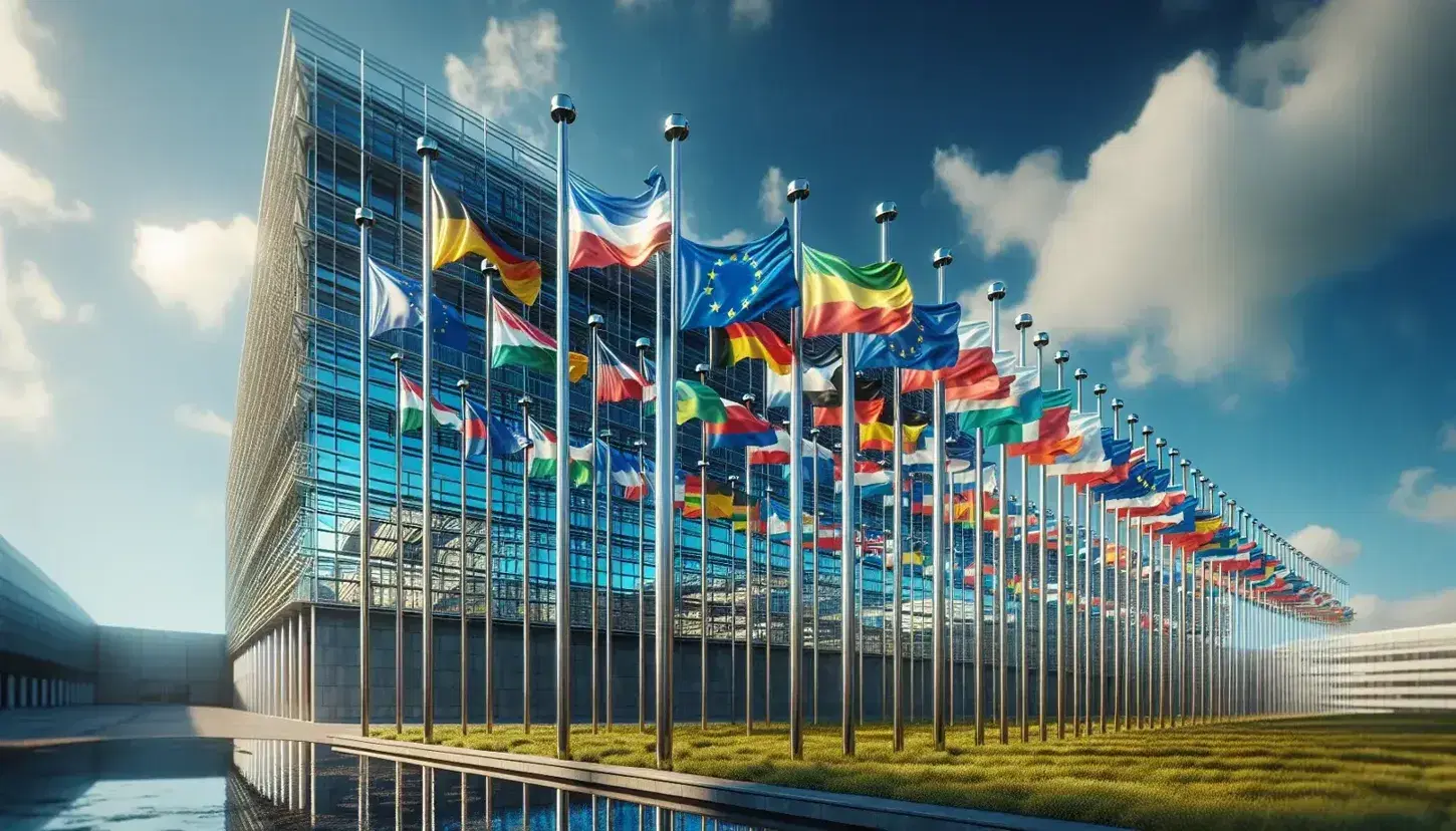 Bandiere nazionali dell'Unione Europea sventolano al vento su pali metallici, con sfondo di cielo azzurro e edificio moderno riflesso.