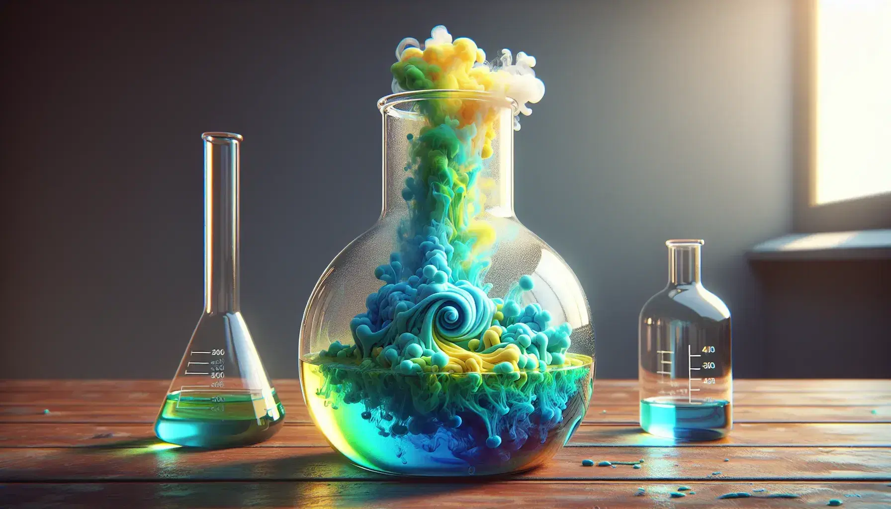 Glass flask on laboratory bench with colorful chemical reaction, blue and yellow liquids forming green, beakers on sides, controlled environment.