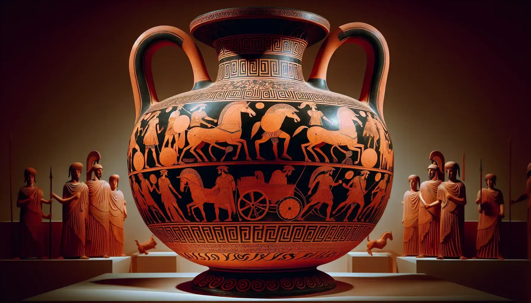 Anfora greca antica in terracotta con figure nere, scene di guerrieri e carri, decorazioni geometriche, senza testi o simboli moderni.