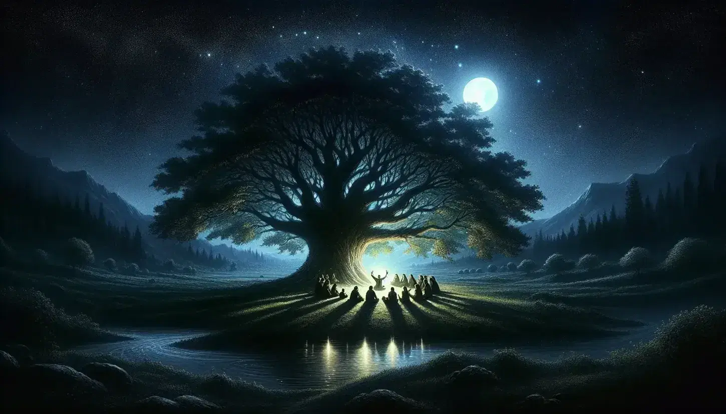 Escena nocturna con un árbol grande bajo un cielo estrellado, cuatro personas reunidas al pie, luna llena y reflejo en un lago, montañas al fondo.