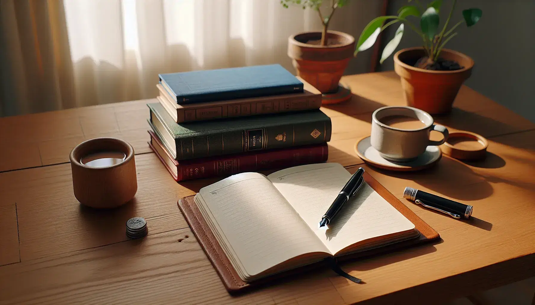 Scrivania in legno chiaro con diario aperto, penna stilografica nera, libri rilegati, tazza di caffè e pianta in vaso terracotta.