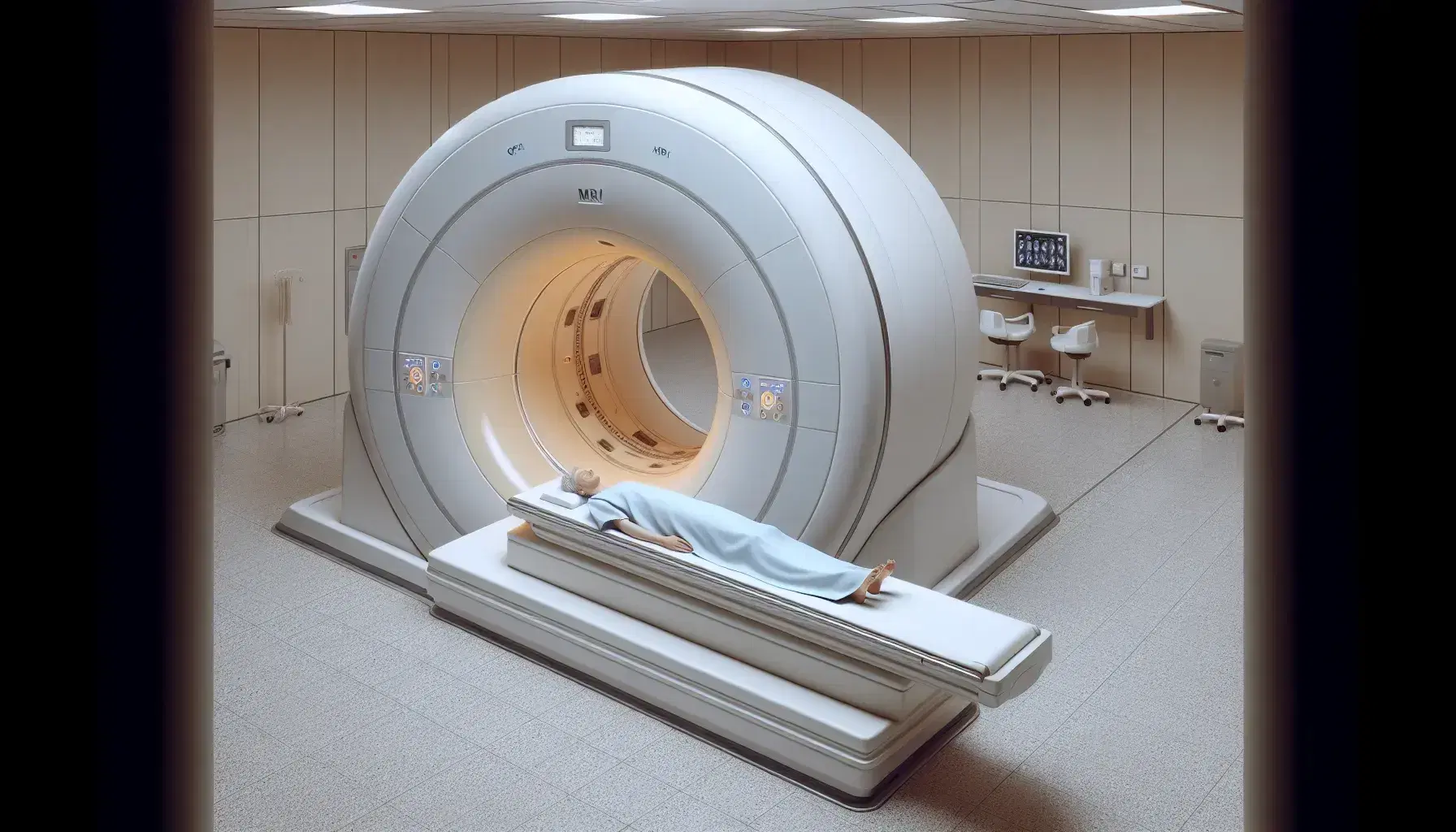 Paziente in accappatoio ospedaliero sdraiato su lettino di macchina MRI aperta in sala esami con pareti crema e illuminazione a pannello.