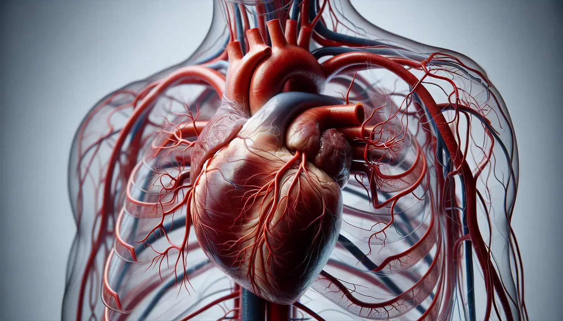 Cuore umano reale in primo piano con arterie e vene visibili, tonalità rosso scuro e sfumature, su sfondo neutro grigio.
