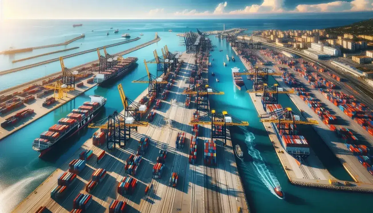Vista aerea di un porto italiano con acque blu, navi mercantili, gru gialle e container colorati ordinatamente impilati.