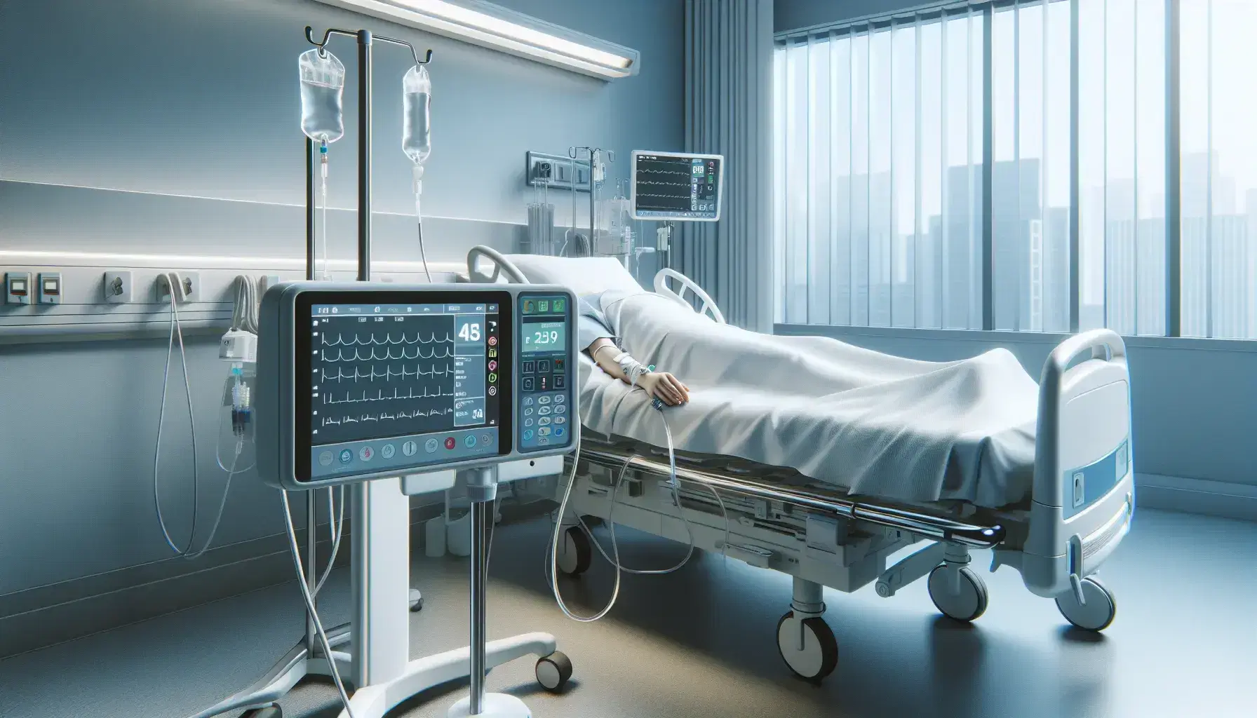 Intensive care room with hospital bed and patient connected to medical devices, vital signs monitor turned off and window with closed shutters.