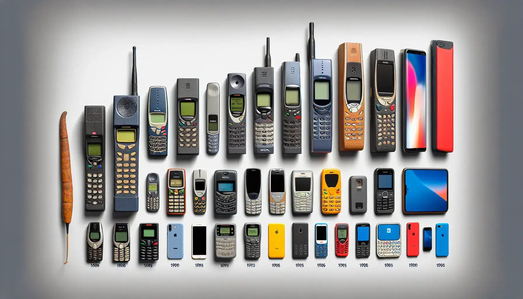 Evolution of mobile phones displayed in chronological order, from 1980s brick phones to modern sleek smartphones with touchscreens.