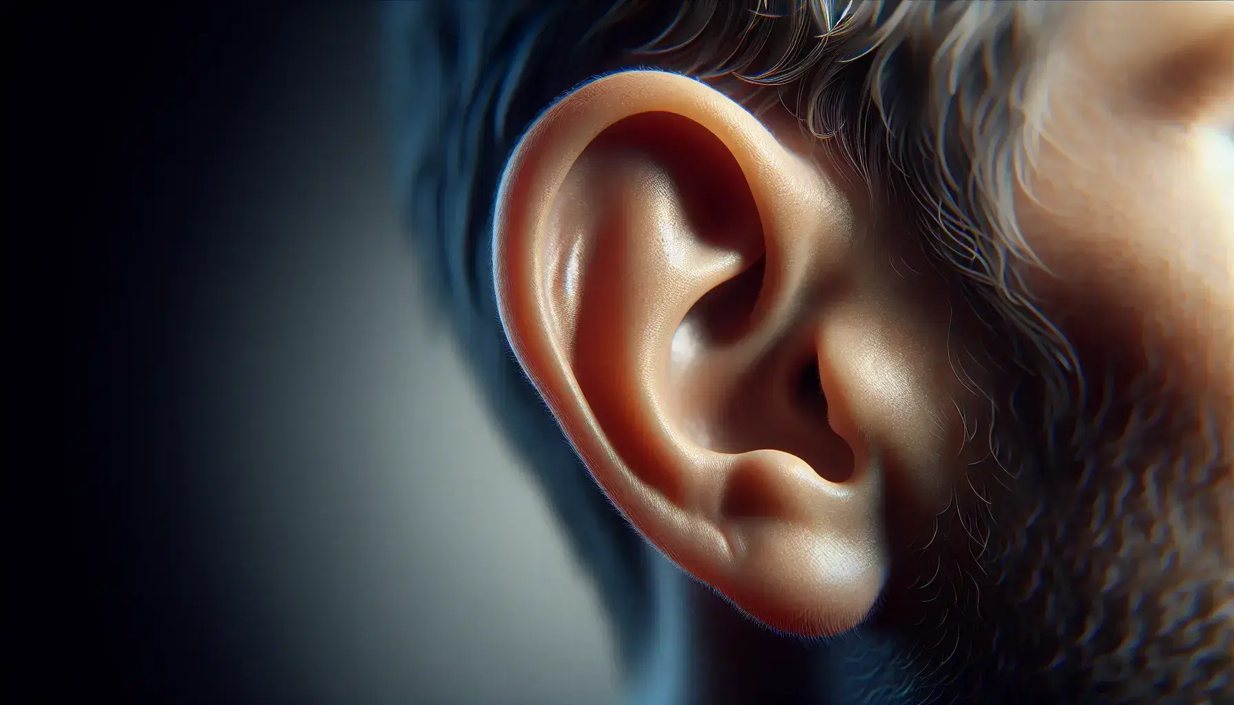 Close-up view of a human ear showing detailed skin texture and structure against a muted blue background, highlighting the pinna and ear canal entrance.