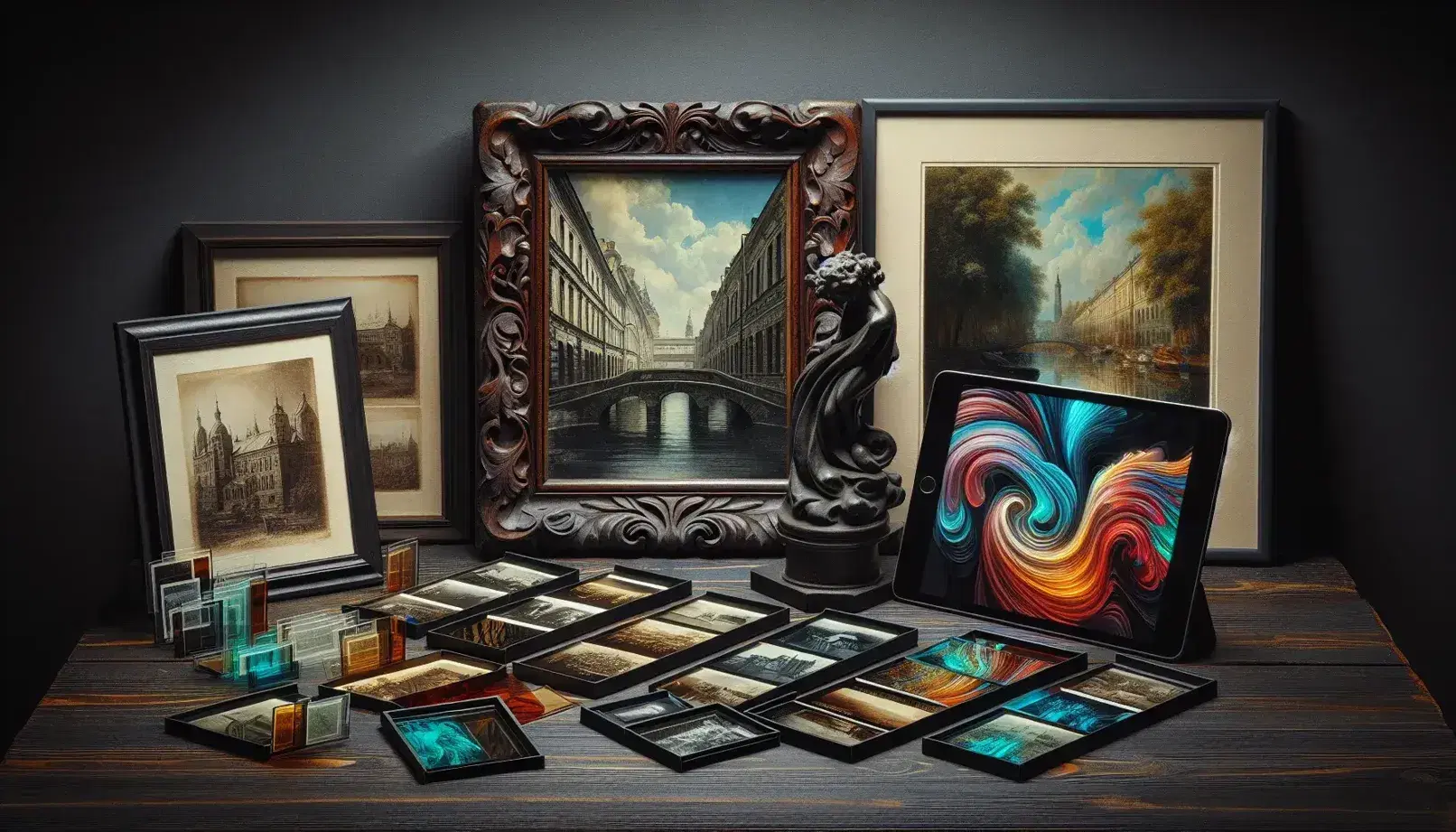Composizione fotografica con cornice vintage di paesaggio urbano, scultura in bronzo, tablet con arte astratta, foto di natura e diapositive trasparenti su tavolo scuro.